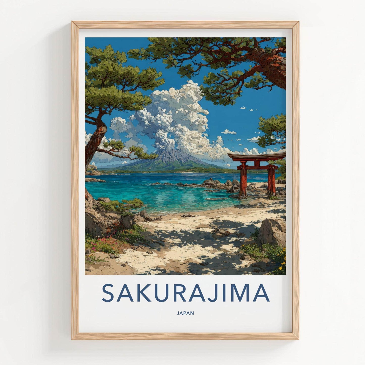 Sakurajima Poster - Japan Travel Art - Volcano Torii Beach Wall Decor