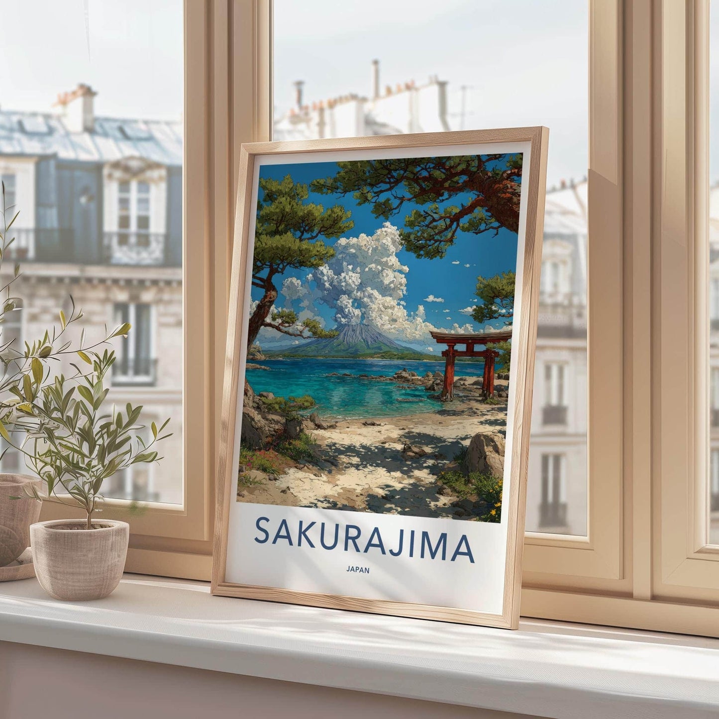 Sakurajima Poster - Japan Travel Art - Volcano Torii Beach Wall Decor
