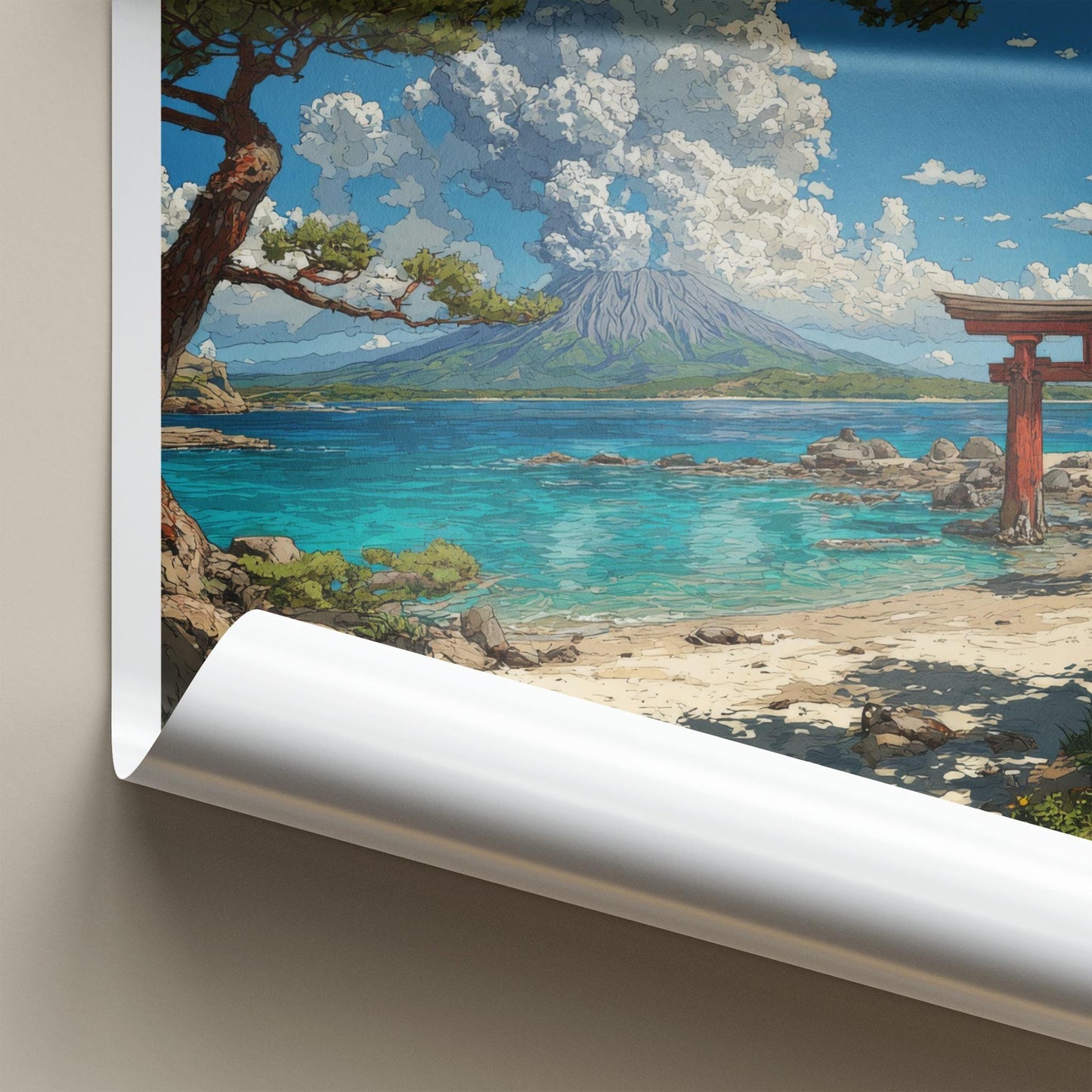 Sakurajima Poster - Japan Travel Art - Volcano Torii Beach Wall Decor