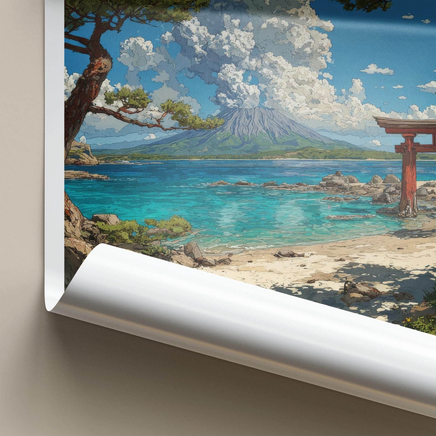 Sakurajima Poster - Japan Travel Art - Volcano Torii Beach Wall Decor