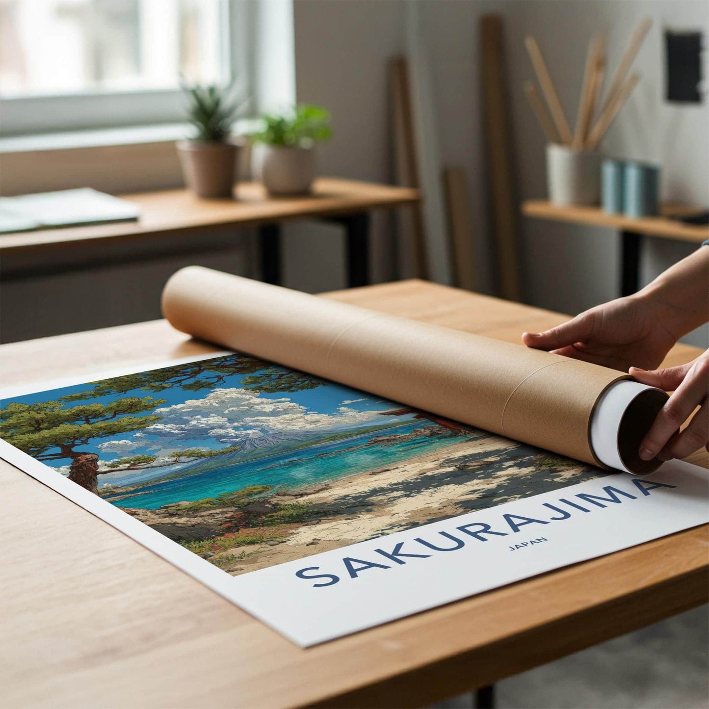 Sakurajima Poster - Japan Travel Art - Volcano Torii Beach Wall Decor