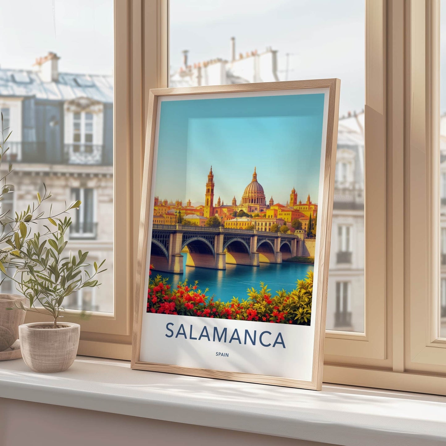 Salamanca Poster - Spain Travel Art - Historic Bridge Cityscape Home Decor