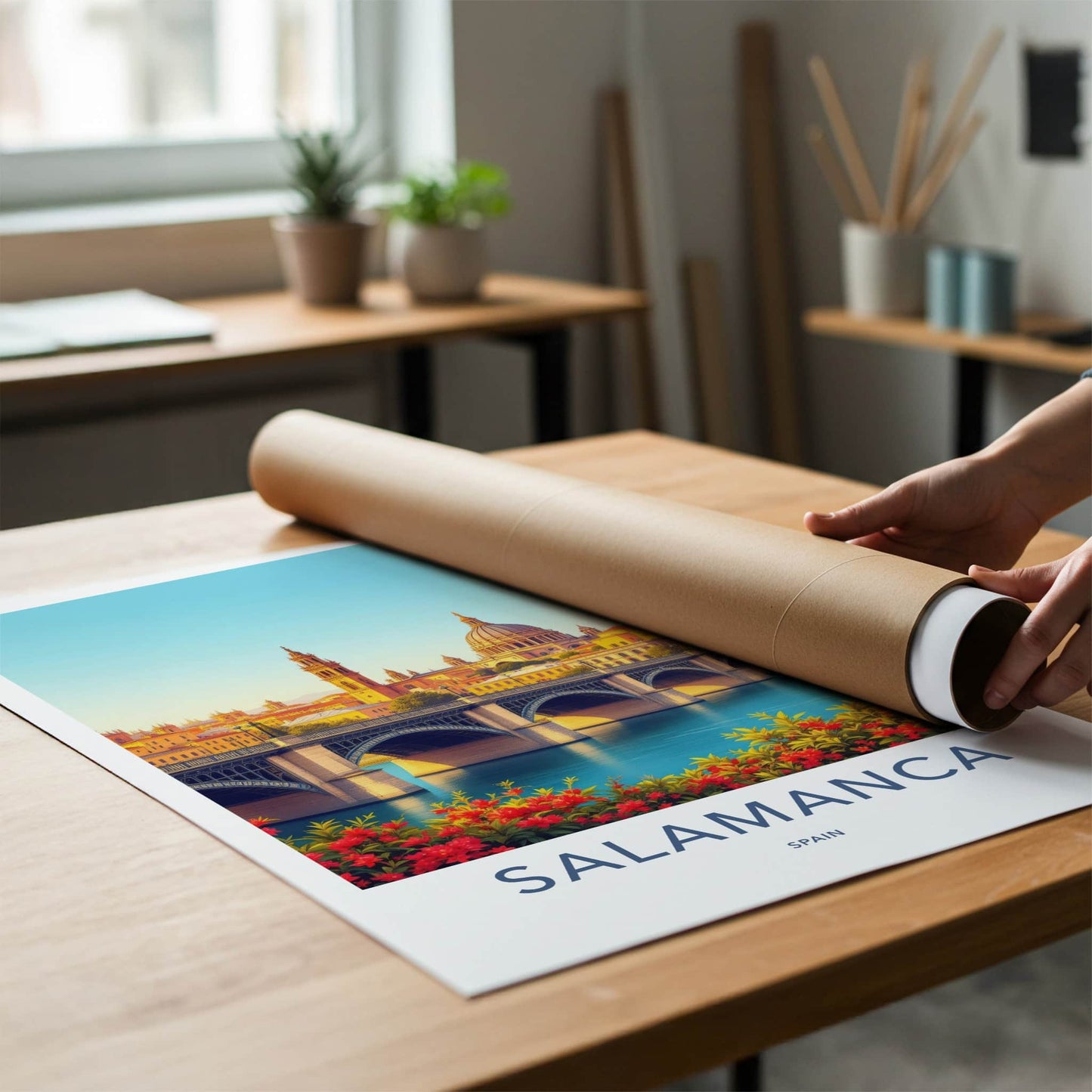 Salamanca Poster - Spain Travel Art - Historic Bridge Cityscape Home Decor