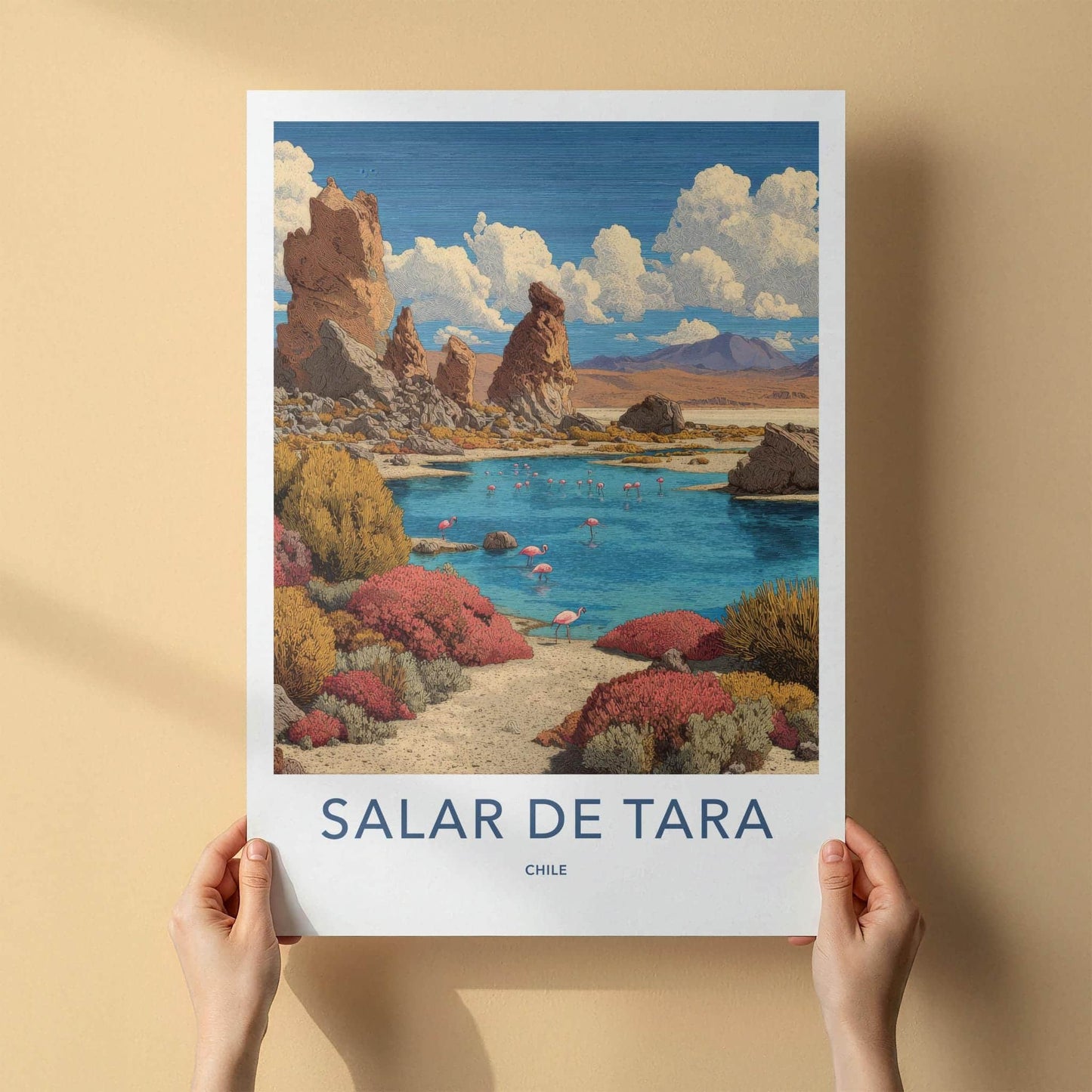Salar De Tara Poster - Chile Travel Art - Pink Flamingos Lake Home Decor