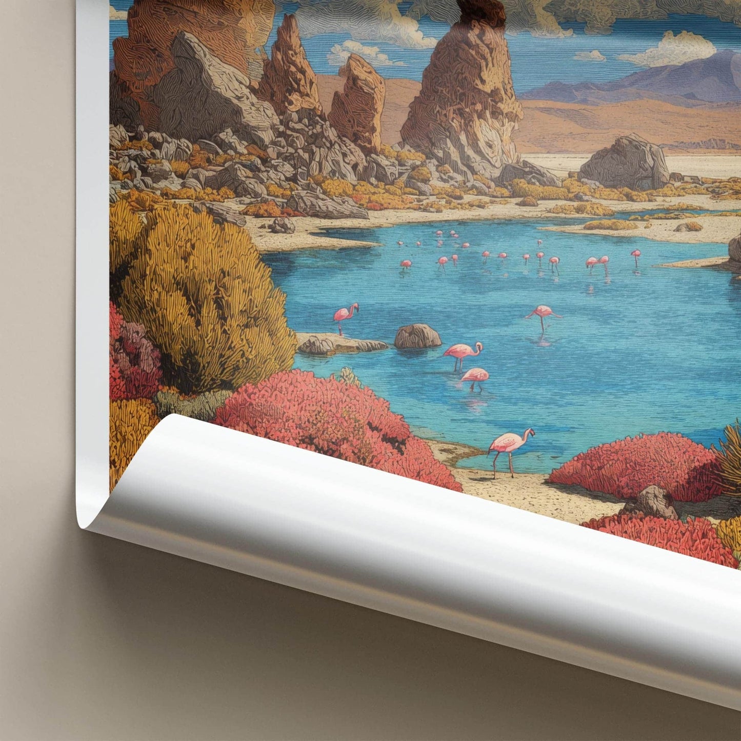 Salar De Tara Poster - Chile Travel Art - Pink Flamingos Lake Home Decor
