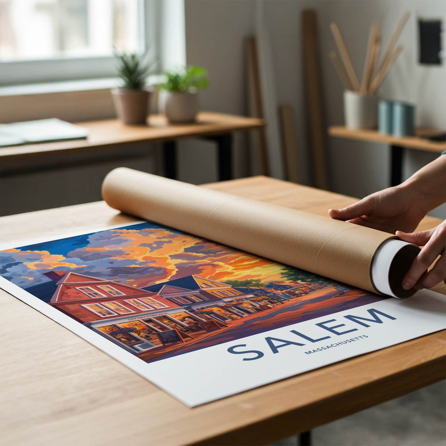 Salem Poster - Massachusetts Travel Art - Historic Street Sunset Wall Decor