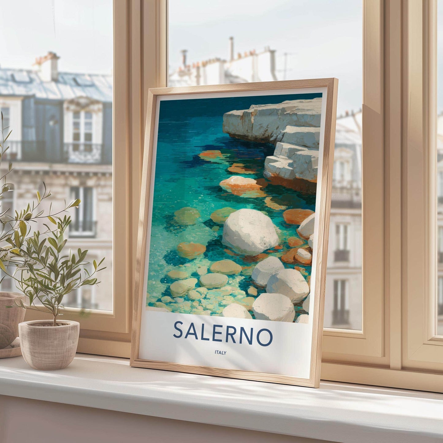 Salerno Poster - Italy Travel Art - Turquoise Water Rocks Home Decor