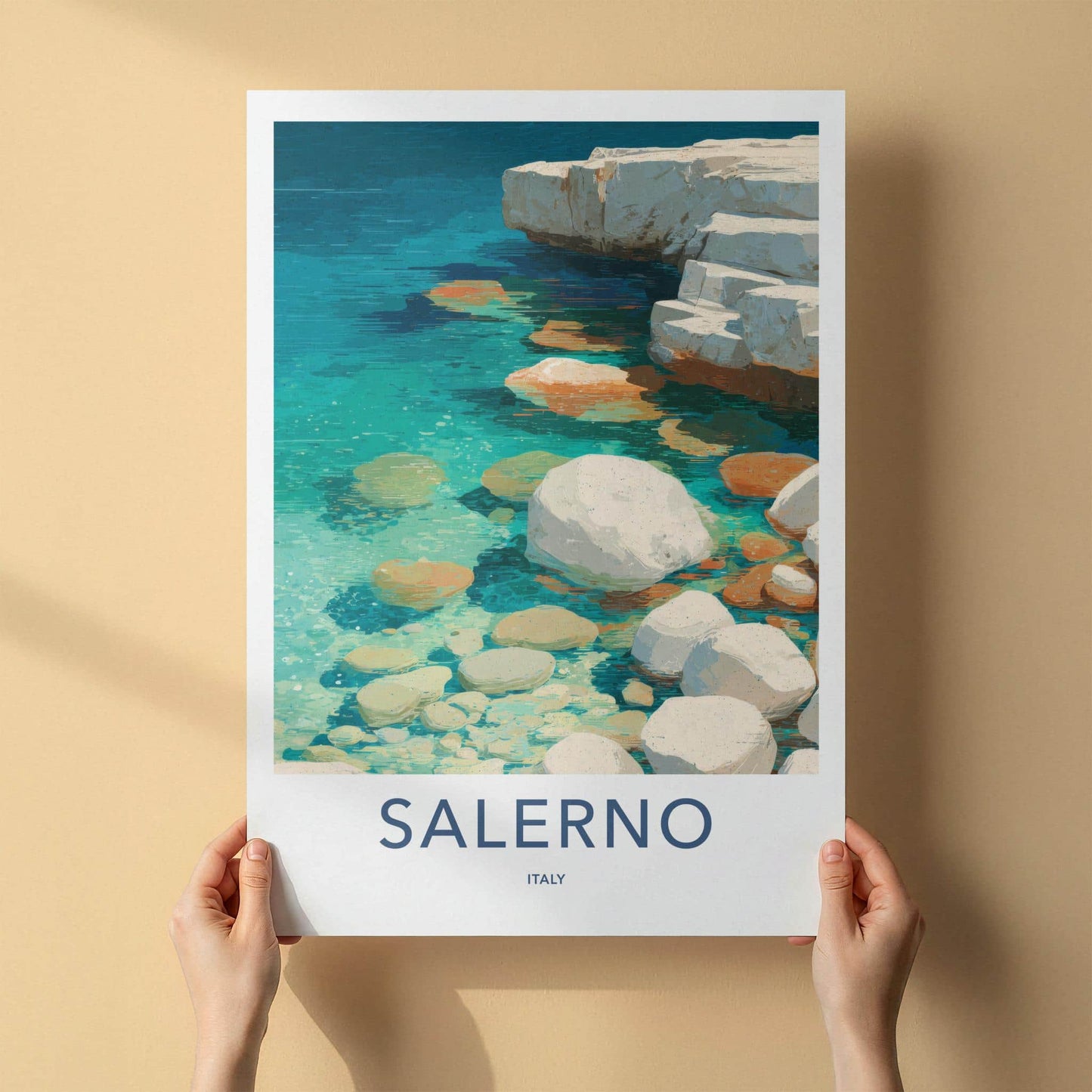 Salerno Poster - Italy Travel Art - Turquoise Water Rocks Home Decor