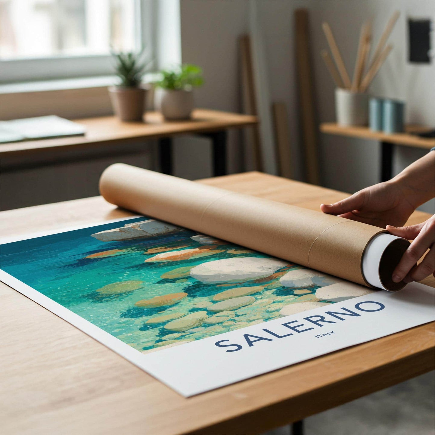 Salerno Poster - Italy Travel Art - Turquoise Water Rocks Home Decor