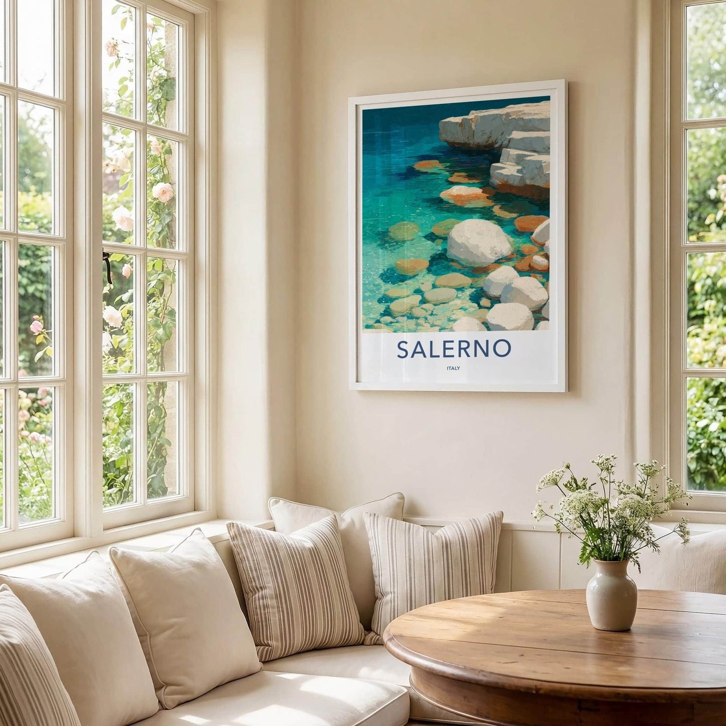 Salerno Poster - Italy Travel Art - Turquoise Water Rocks Home Decor