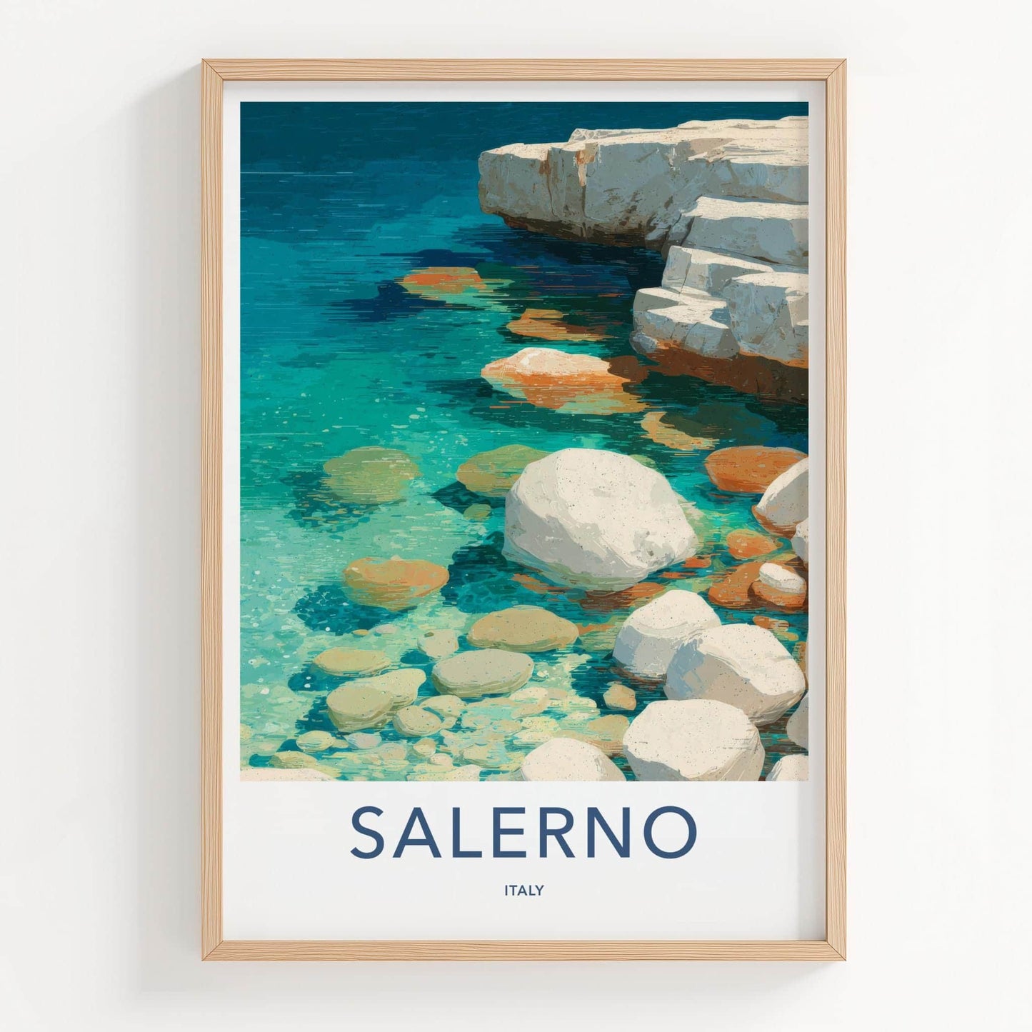 Salerno Poster - Italy Travel Art - Turquoise Water Rocks Home Decor