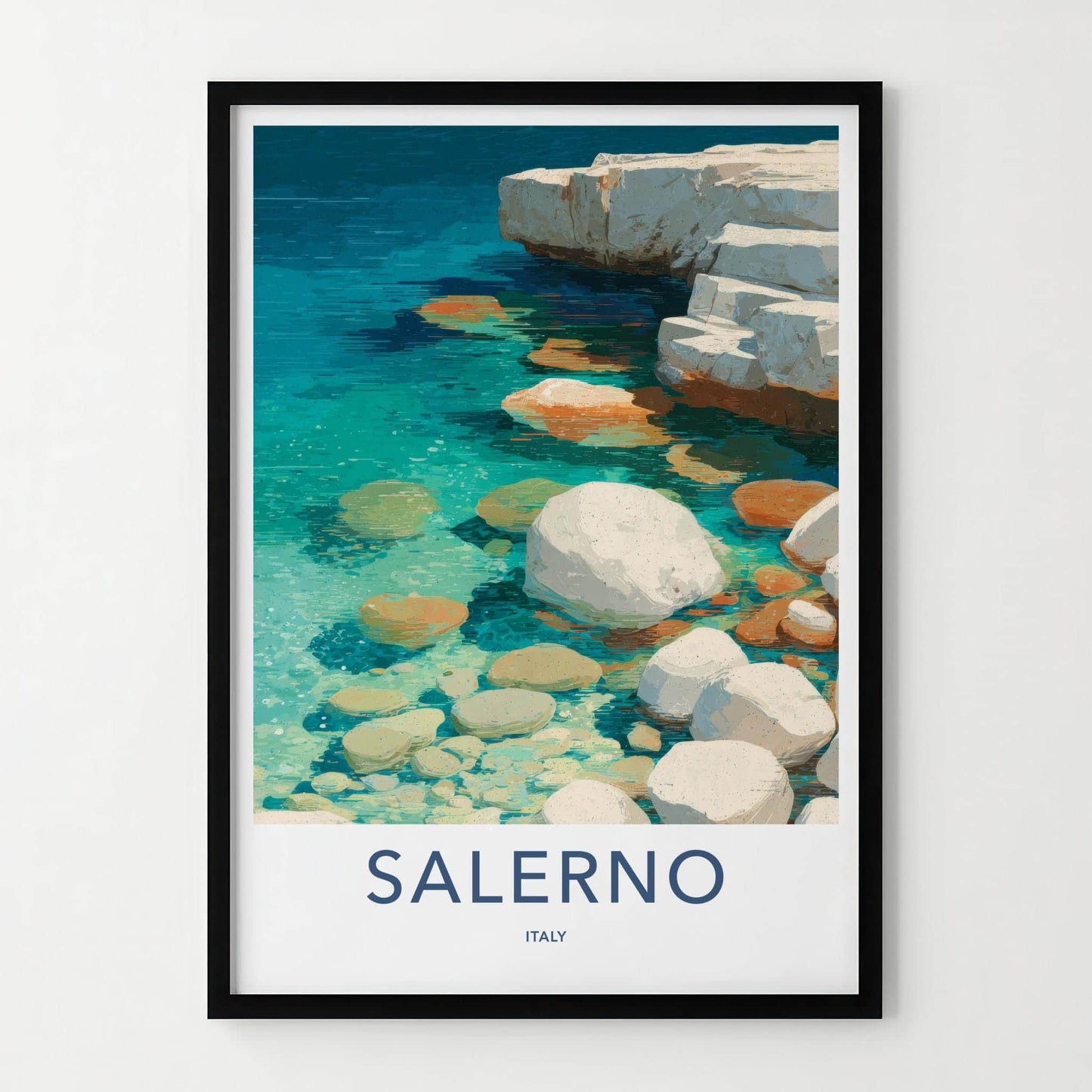 Salerno Poster - Italy Travel Art - Turquoise Water Rocks Home Decor