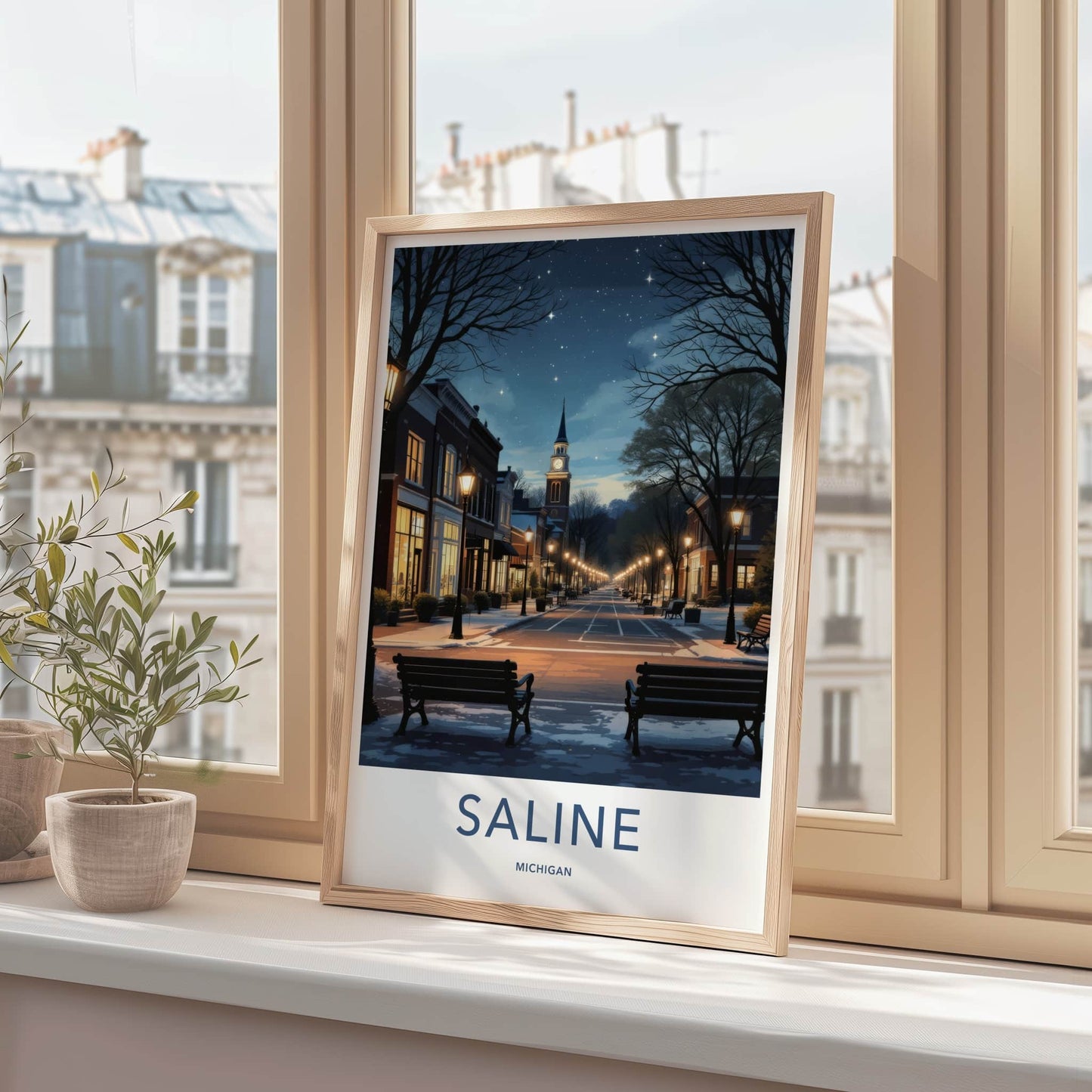 Saline Poster - Michigan Framed Art - Starry Winter Street Home Decor