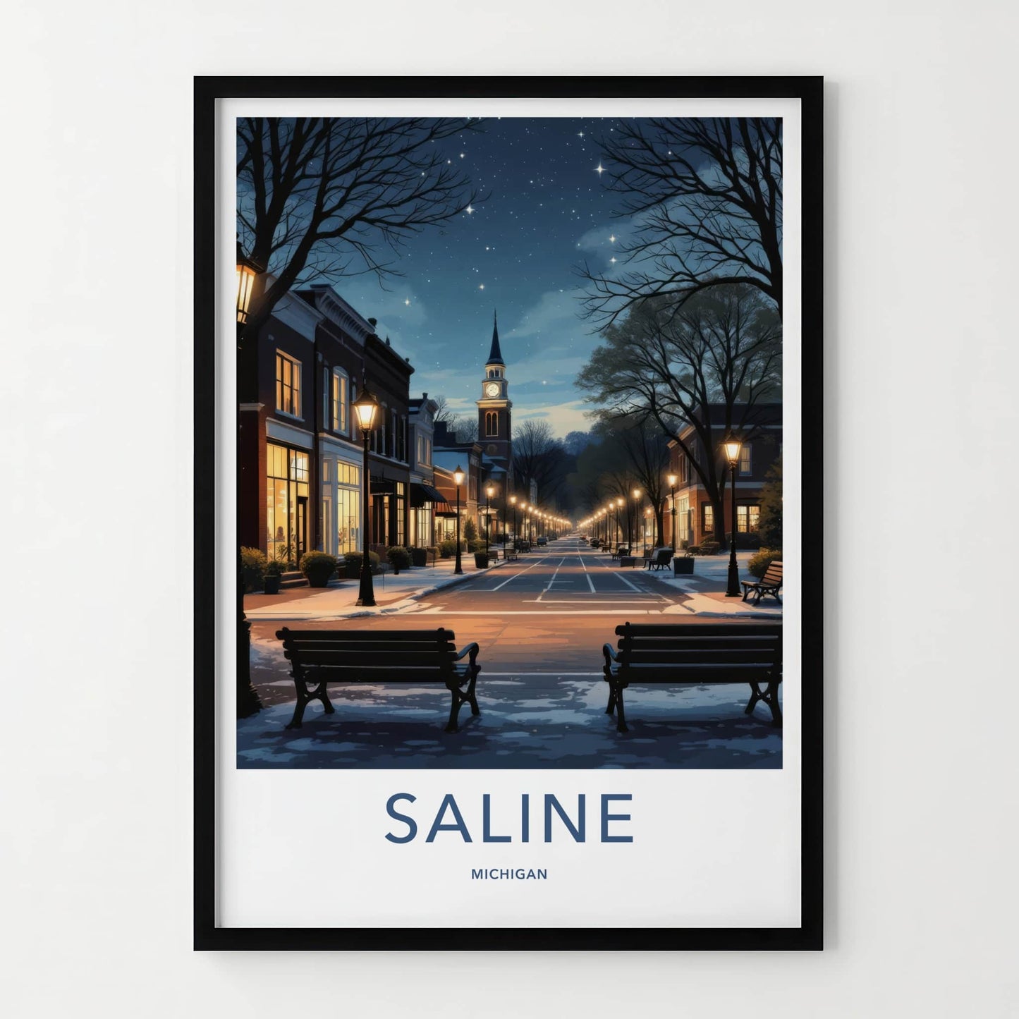 Saline Poster - Michigan Framed Art - Starry Winter Street Home Decor