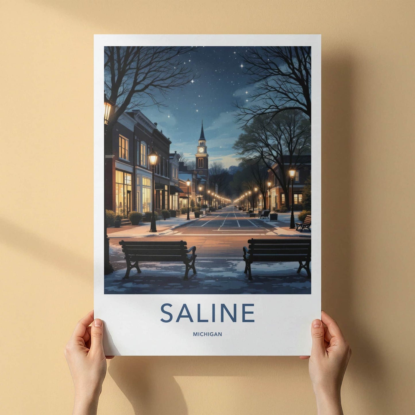 Saline Poster - Michigan Framed Art - Starry Winter Street Home Decor