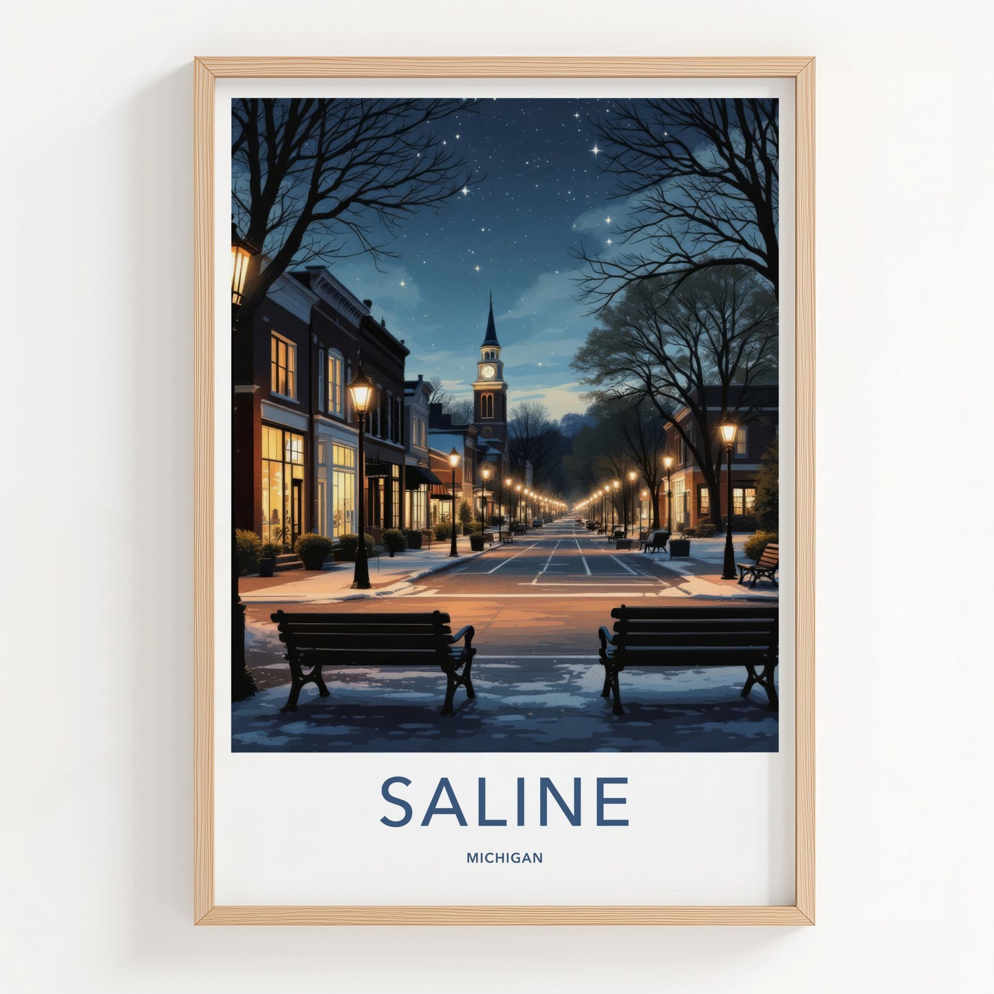 Saline Poster - Michigan Framed Art - Starry Winter Street Home Decor