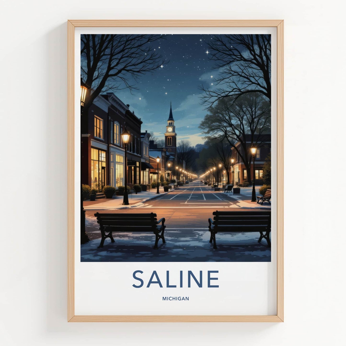 Saline Poster - Michigan Framed Art - Starry Winter Street Home Decor