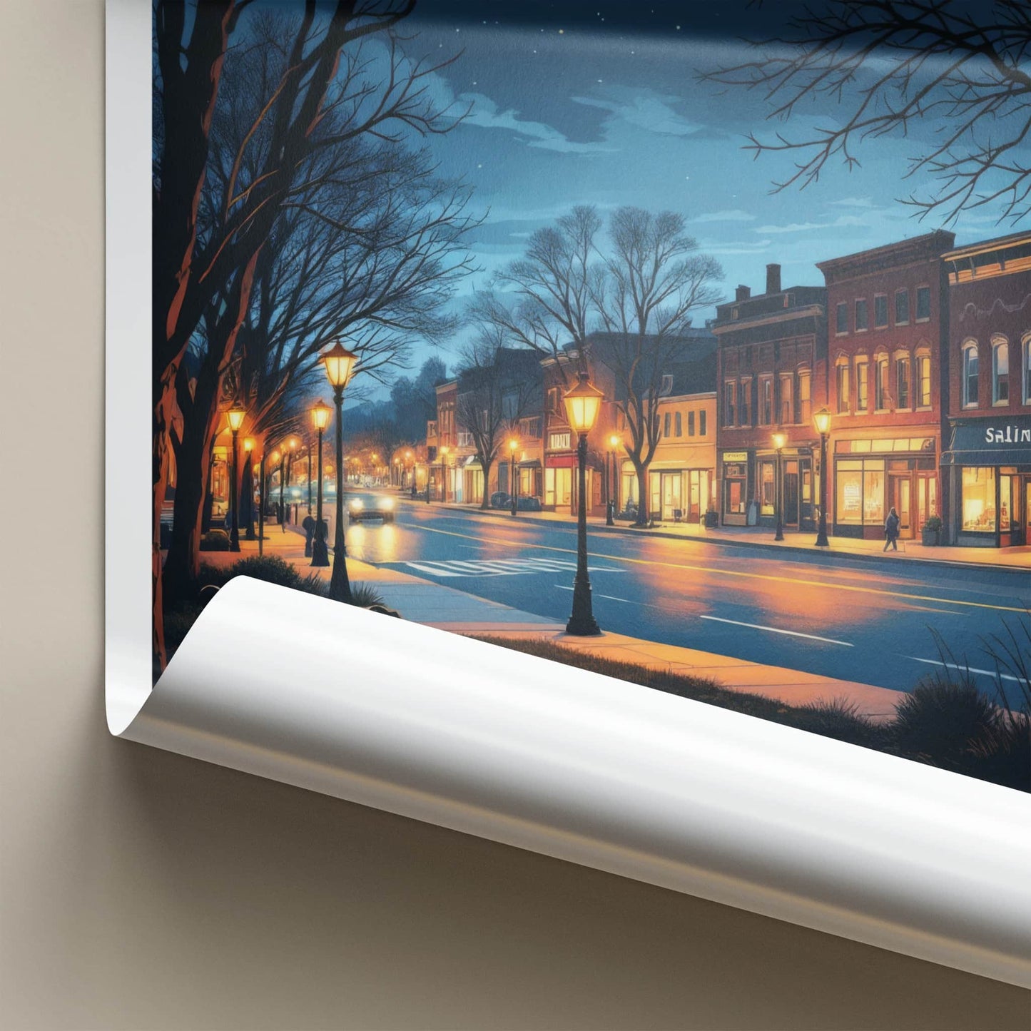Saline Poster - Michigan Travel Art - Evening Downtown Street Wall Decor