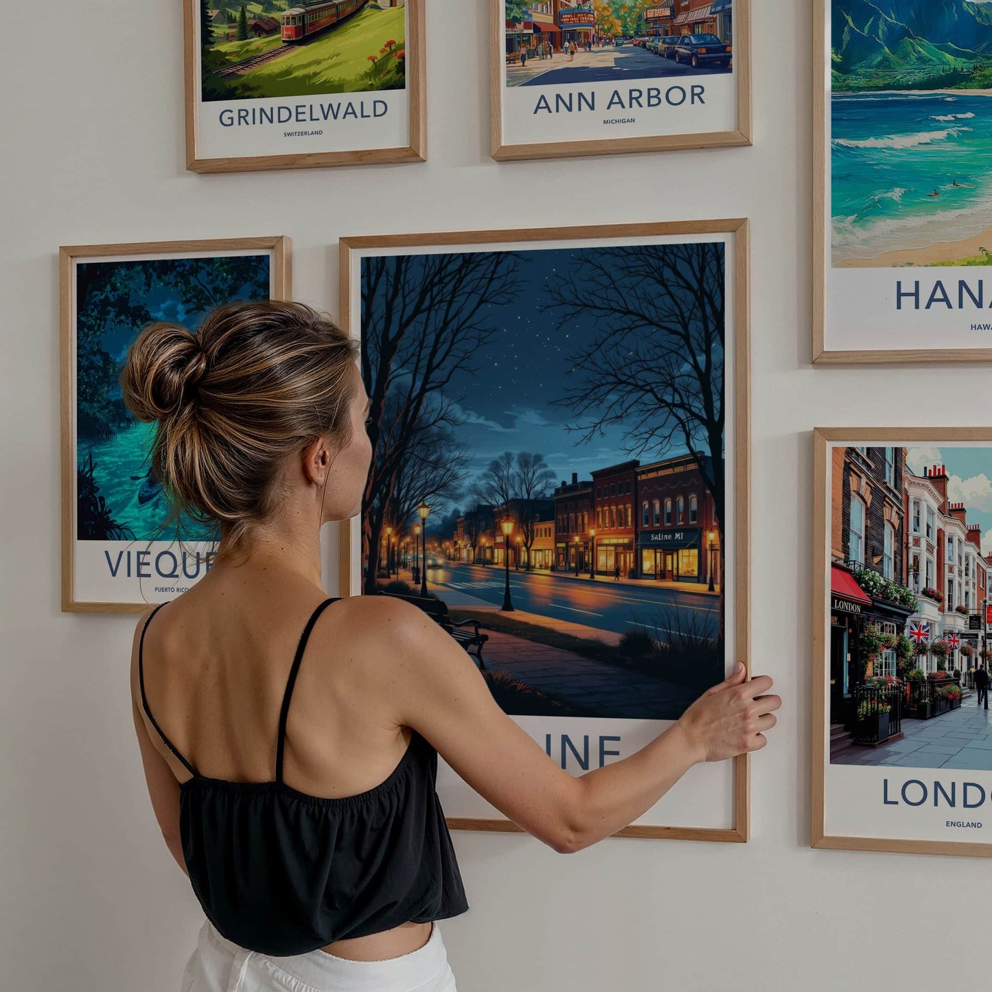 Saline Poster - Michigan Travel Art - Evening Downtown Street Wall Decor