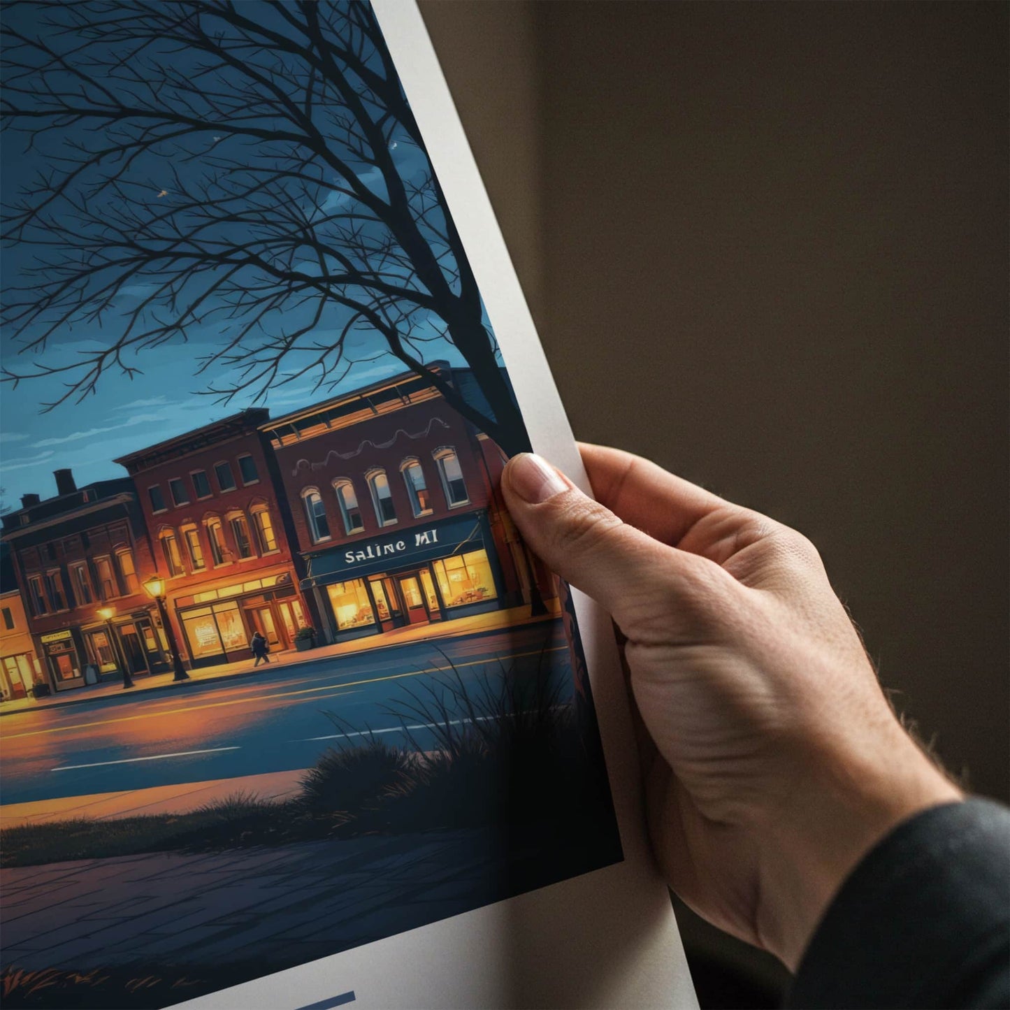 Saline Poster - Michigan Travel Art - Evening Downtown Street Wall Decor