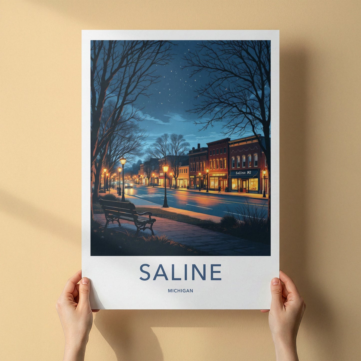 Saline Poster - Michigan Travel Art - Evening Downtown Street Wall Decor