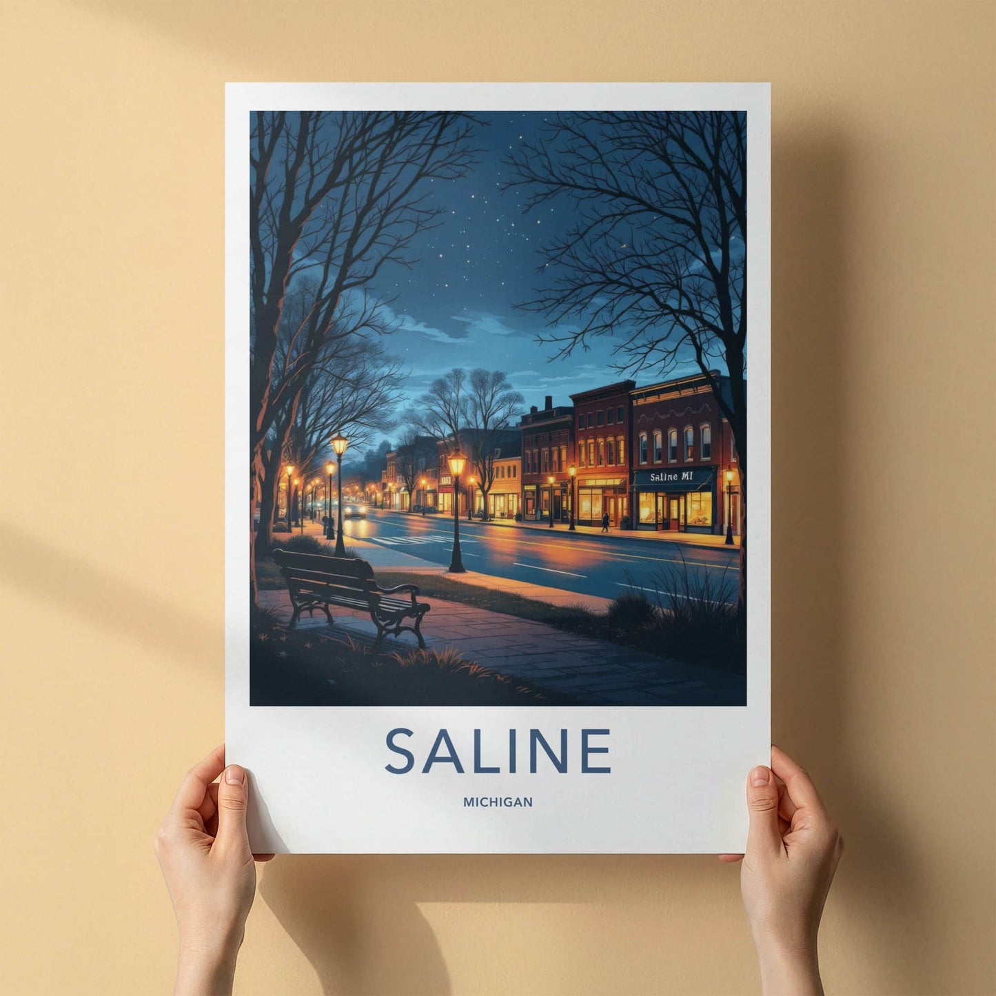 Saline Poster - Michigan Travel Art - Evening Downtown Street Wall Decor