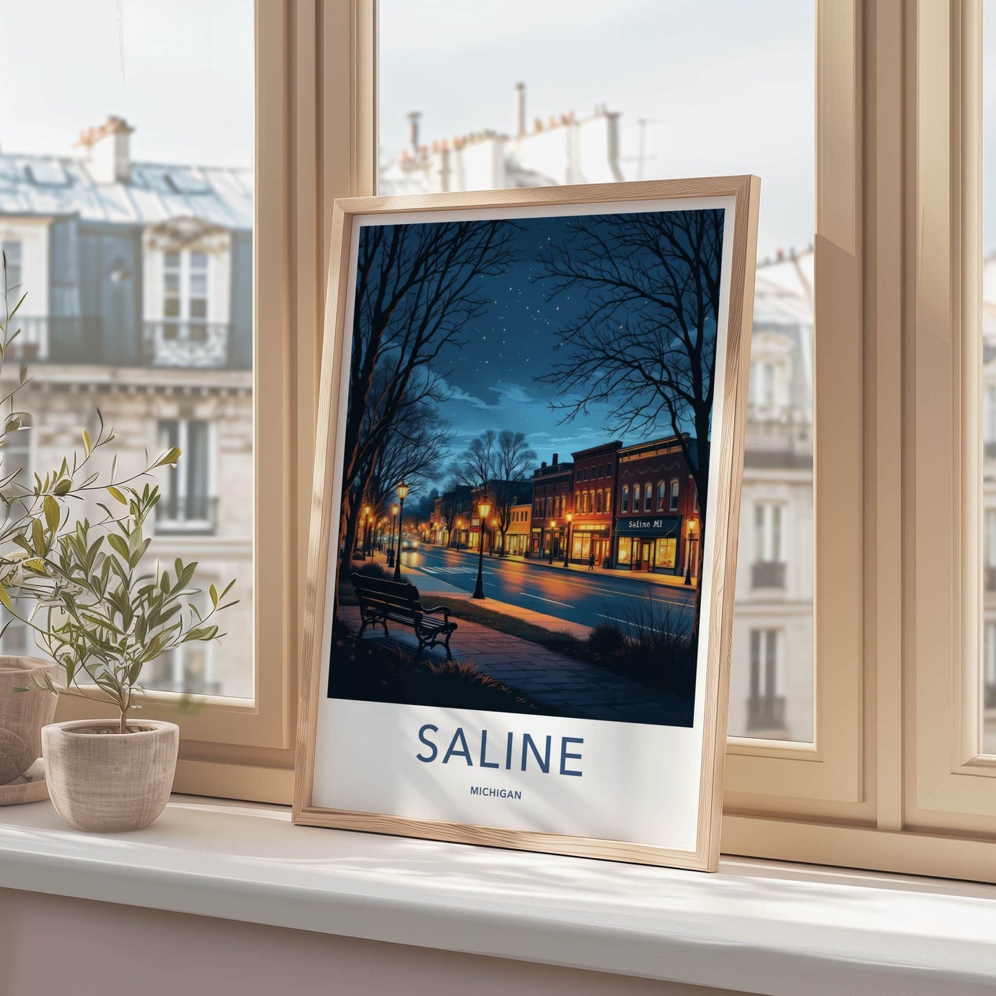 Saline Poster - Michigan Travel Art - Evening Downtown Street Wall Decor