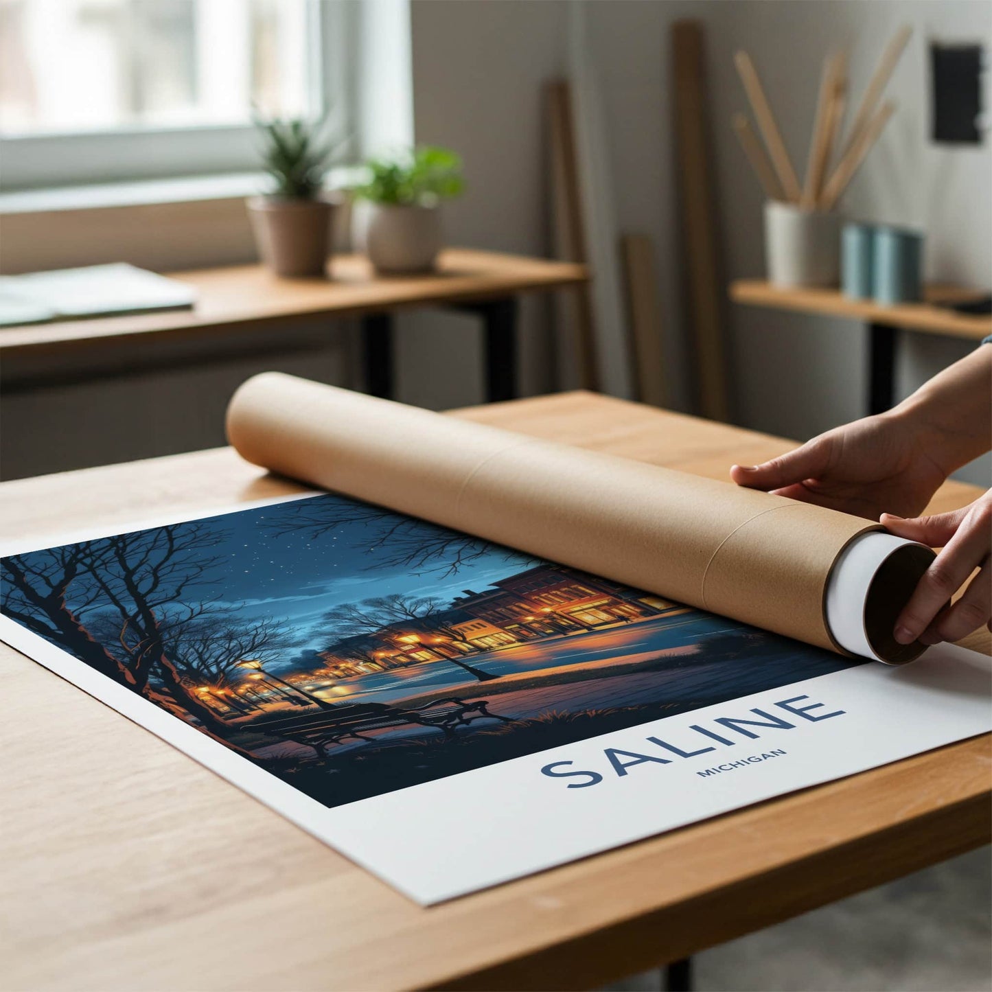 Saline Poster - Michigan Travel Art - Evening Downtown Street Wall Decor