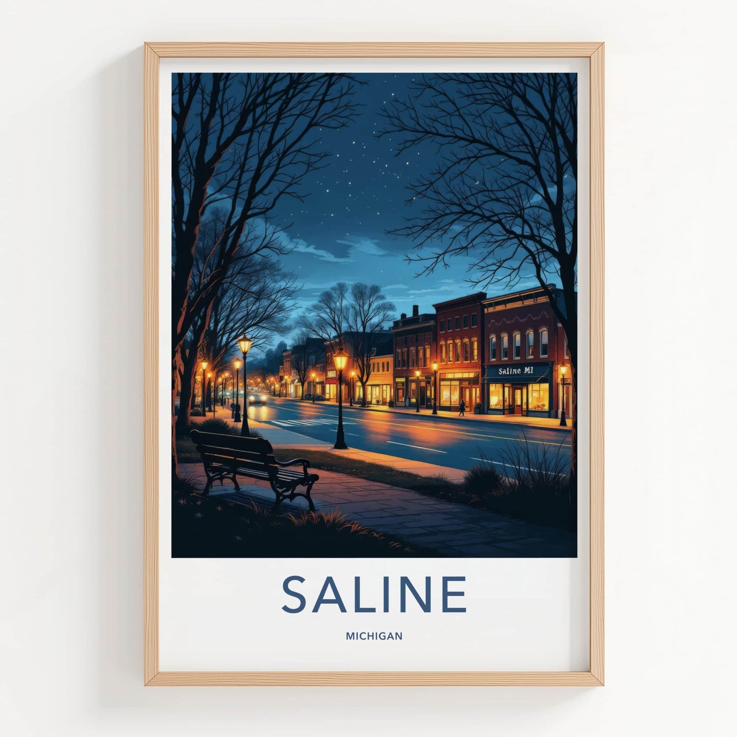 Saline Poster - Michigan Travel Art - Evening Downtown Street Wall Decor