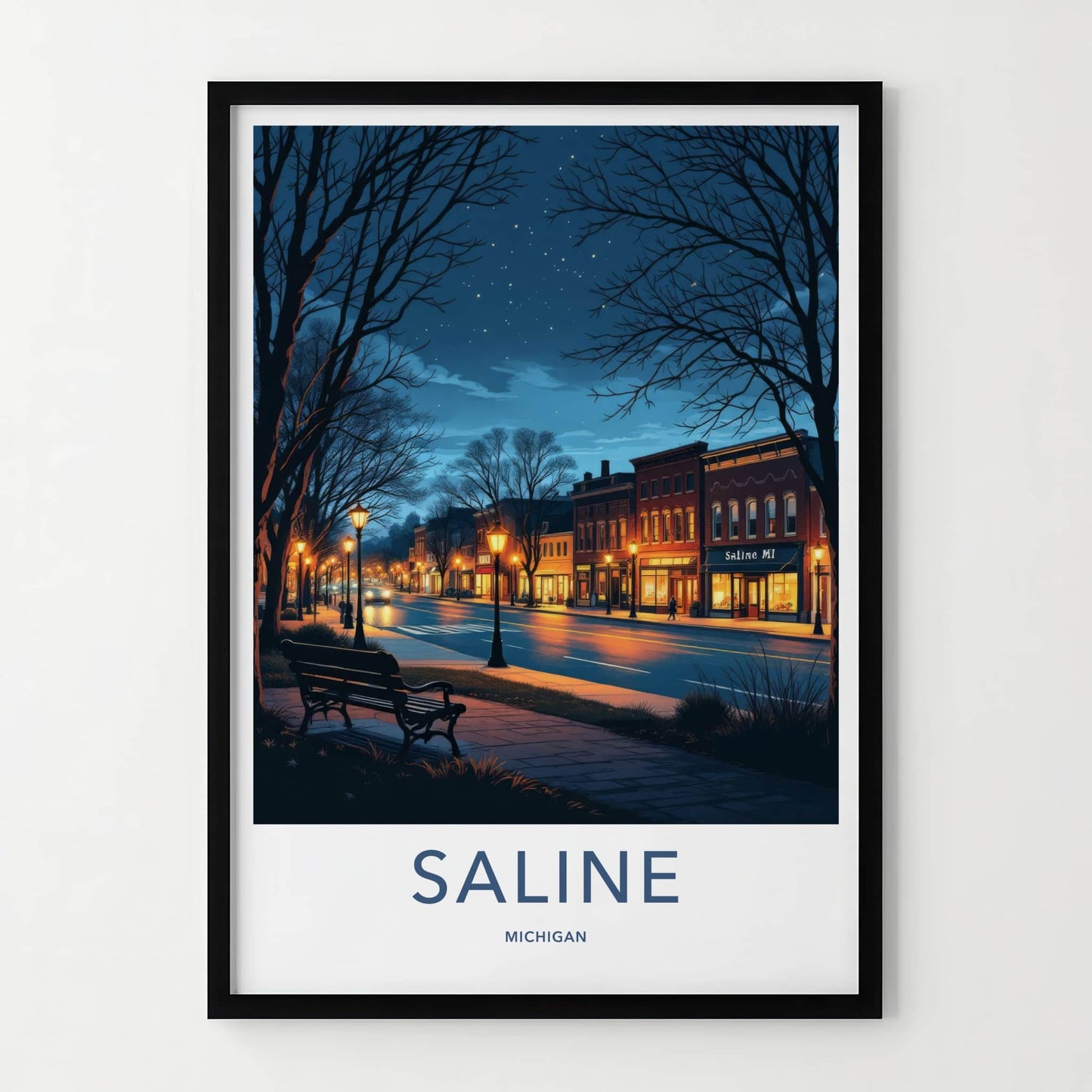 Saline Poster - Michigan Travel Art - Evening Downtown Street Wall Decor