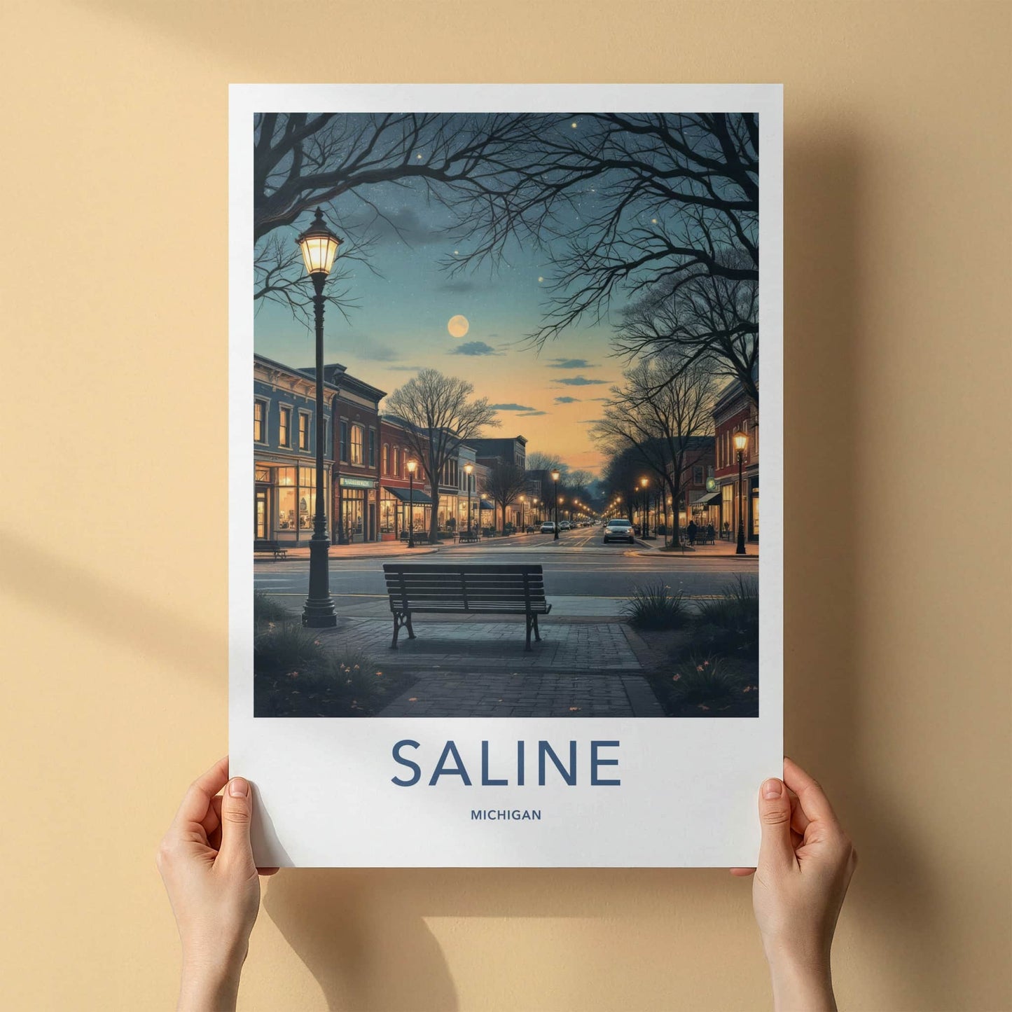 Saline Poster - Michigan Travel Art - Moonlit Downtown Street Home Decor