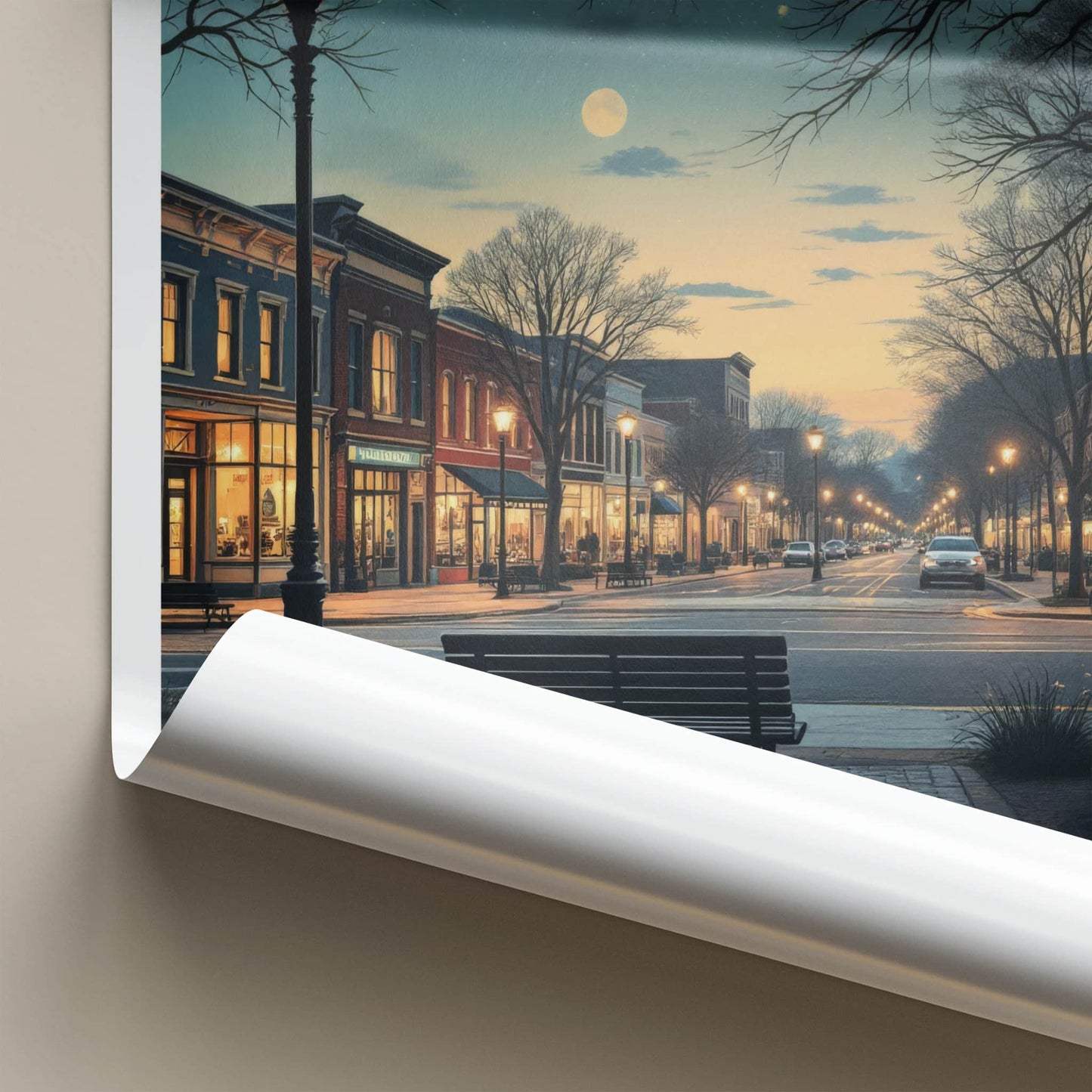 Saline Poster - Michigan Travel Art - Moonlit Downtown Street Home Decor
