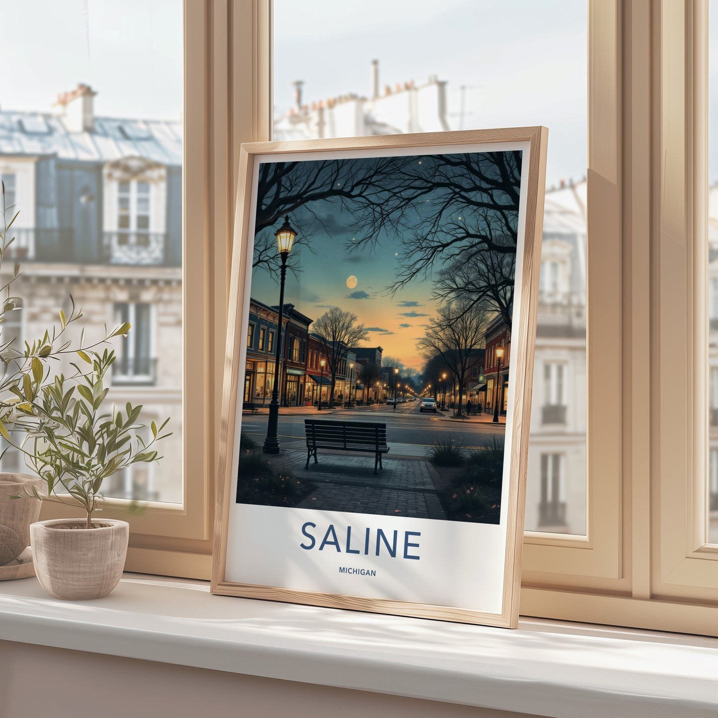 Saline Poster - Michigan Travel Art - Moonlit Downtown Street Home Decor