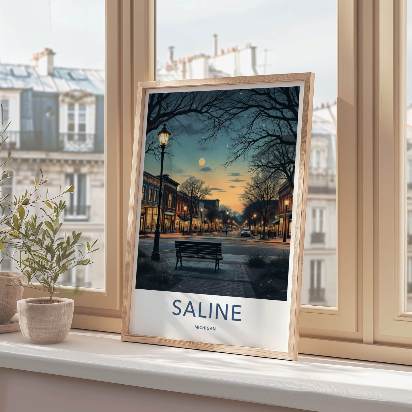 Saline Poster - Michigan Travel Art - Moonlit Downtown Street Home Decor