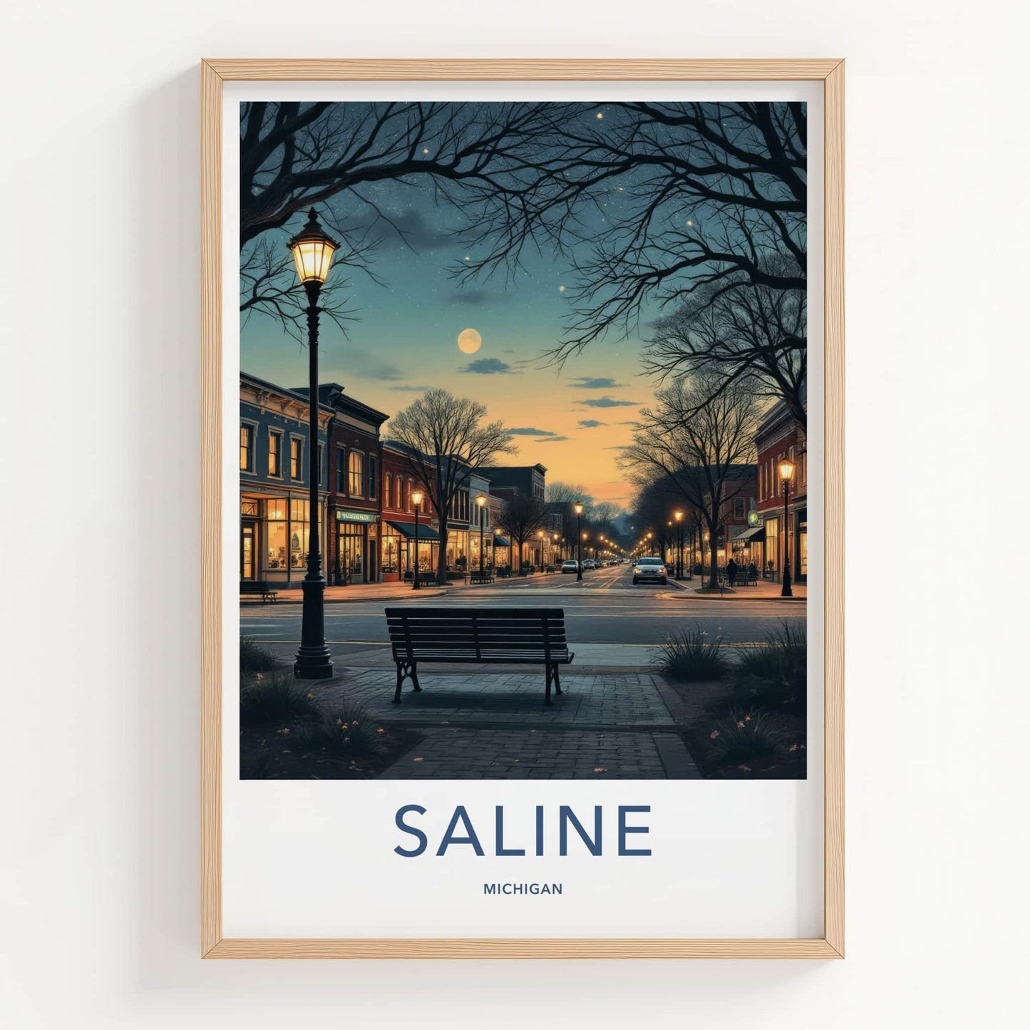 Saline Poster - Michigan Travel Art - Moonlit Downtown Street Home Decor