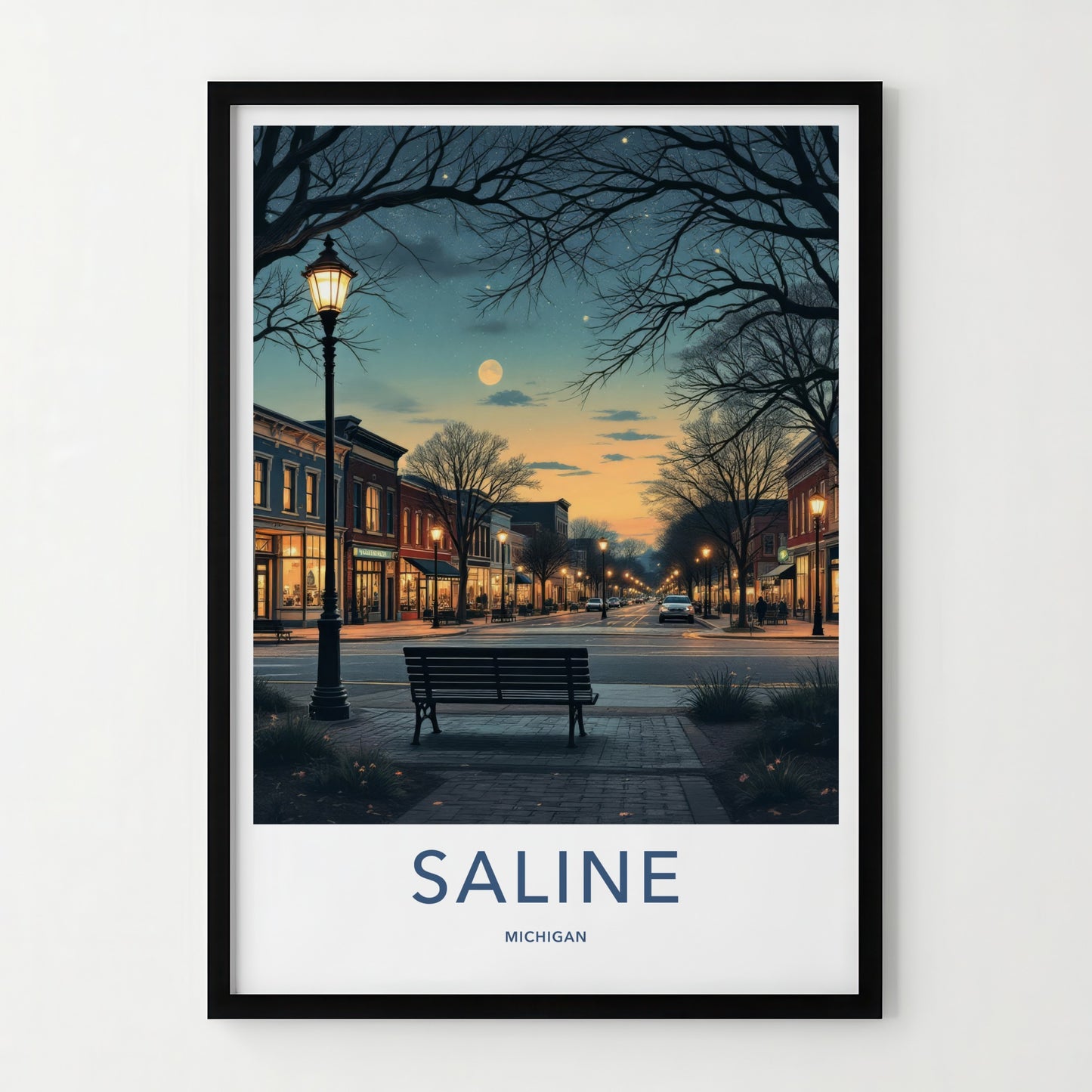 Saline Poster - Michigan Travel Art - Moonlit Downtown Street Home Decor