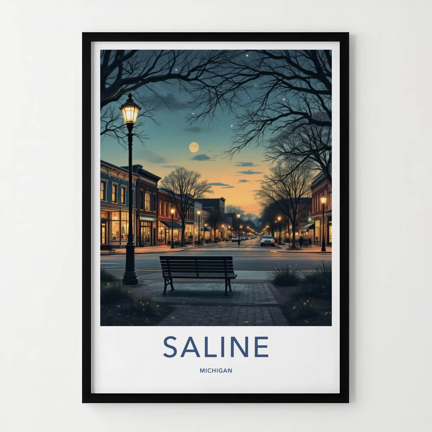 Saline Poster - Michigan Travel Art - Moonlit Downtown Street Home Decor