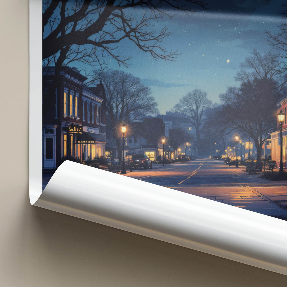 Saline Poster - Michigan Travel Print - Nighttime Streetscape Moon Home Decor