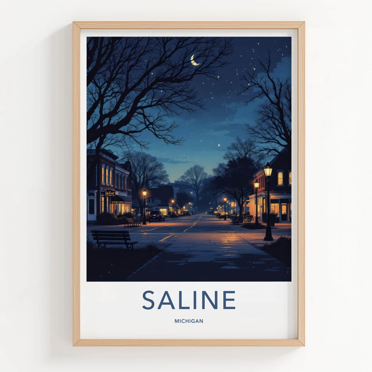 Saline Poster - Michigan Travel Print - Nighttime Streetscape Moon Home Decor