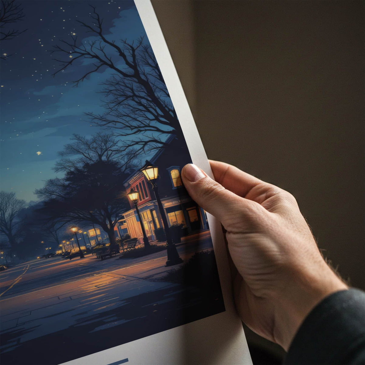 Saline Poster - Michigan Travel Print - Nighttime Streetscape Moon Home Decor