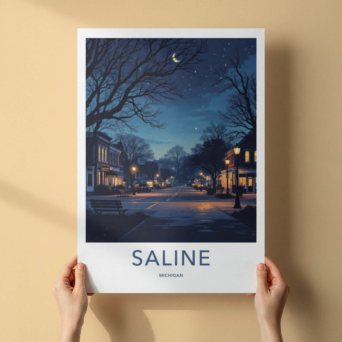 Saline Poster - Michigan Travel Print - Nighttime Streetscape Moon Home Decor