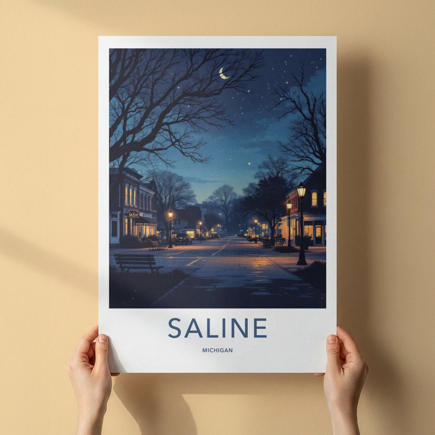 Saline Poster - Michigan Travel Print - Nighttime Streetscape Moon Home Decor