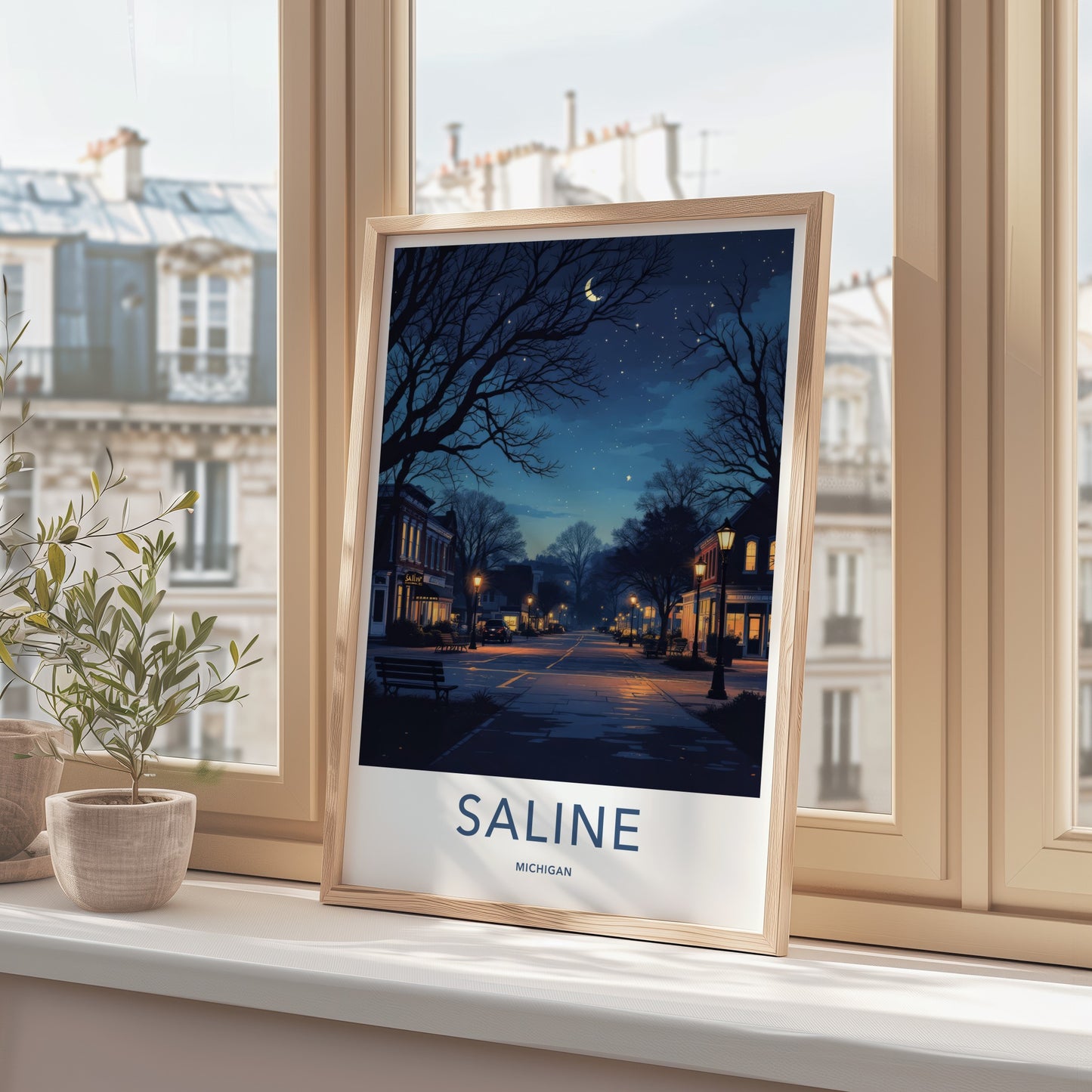 Saline Poster - Michigan Travel Print - Nighttime Streetscape Moon Home Decor