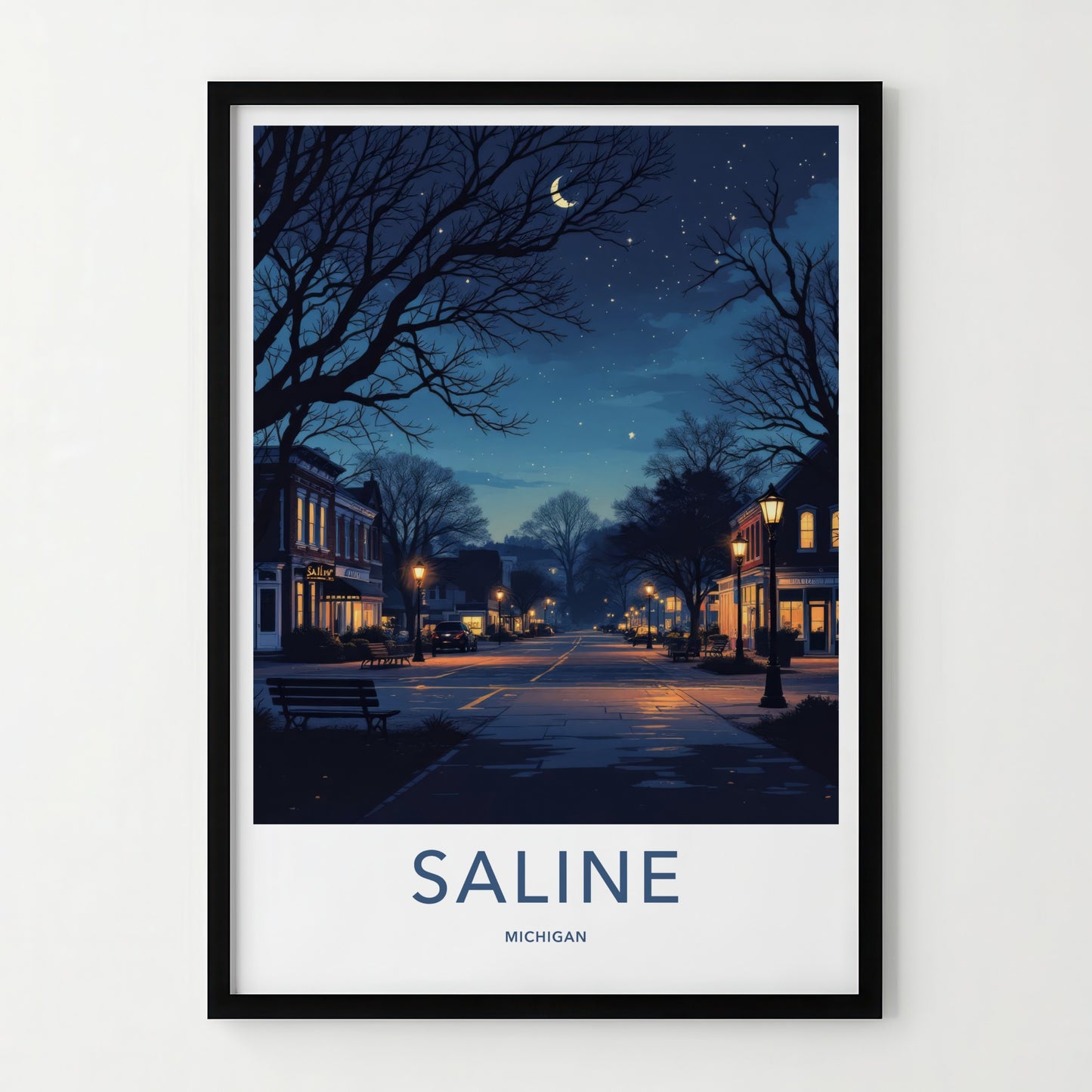 Saline Poster - Michigan Travel Print - Nighttime Streetscape Moon Home Decor