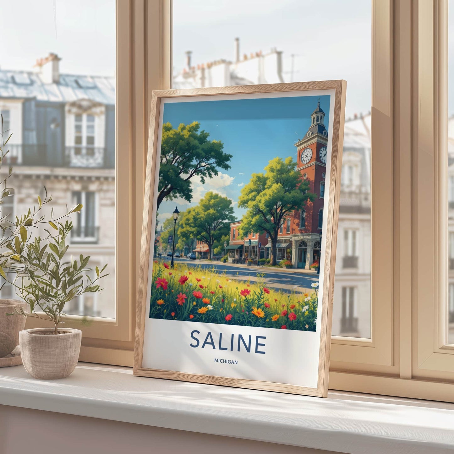 Saline Poster - Michigan Travel Print - Town Clock Tower Gallery Art