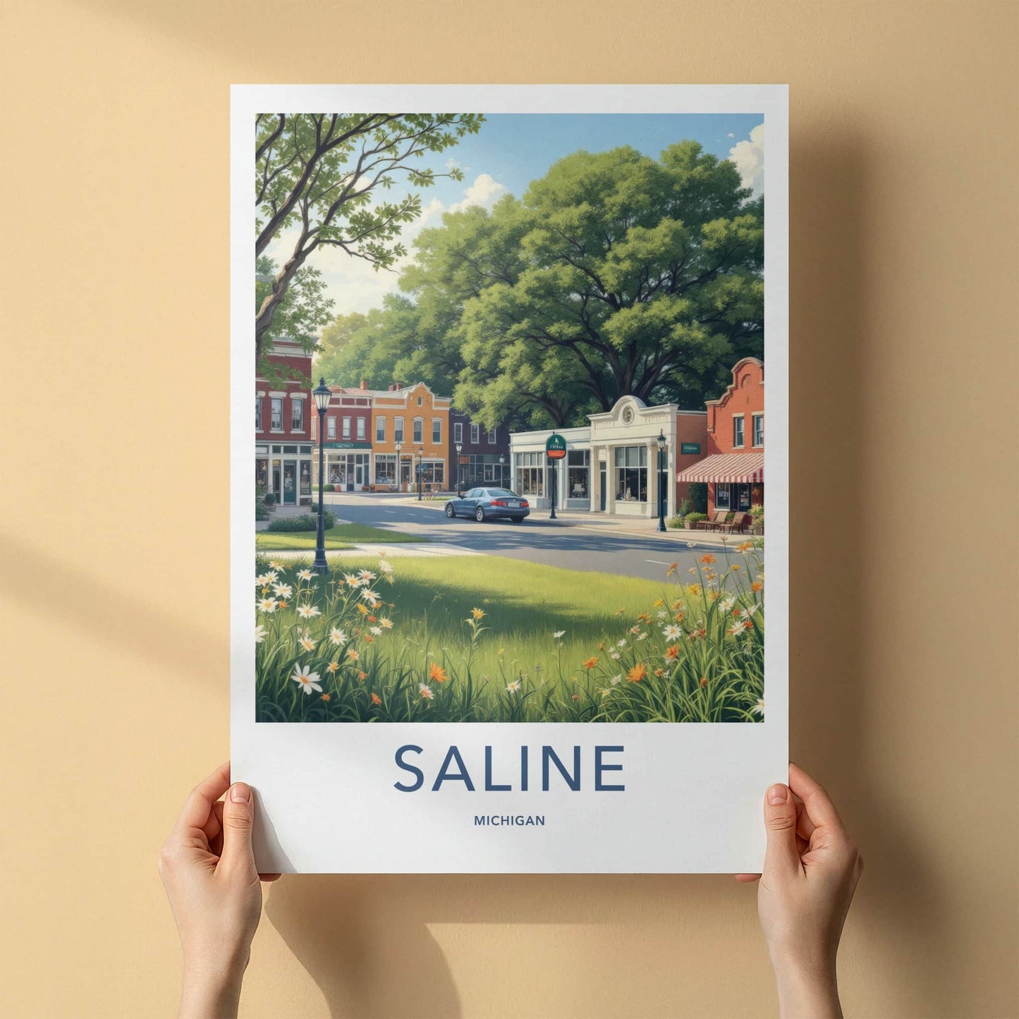 Saline Poster - Michigan Wall Art - Idyllic Downtown Scene Home Decor