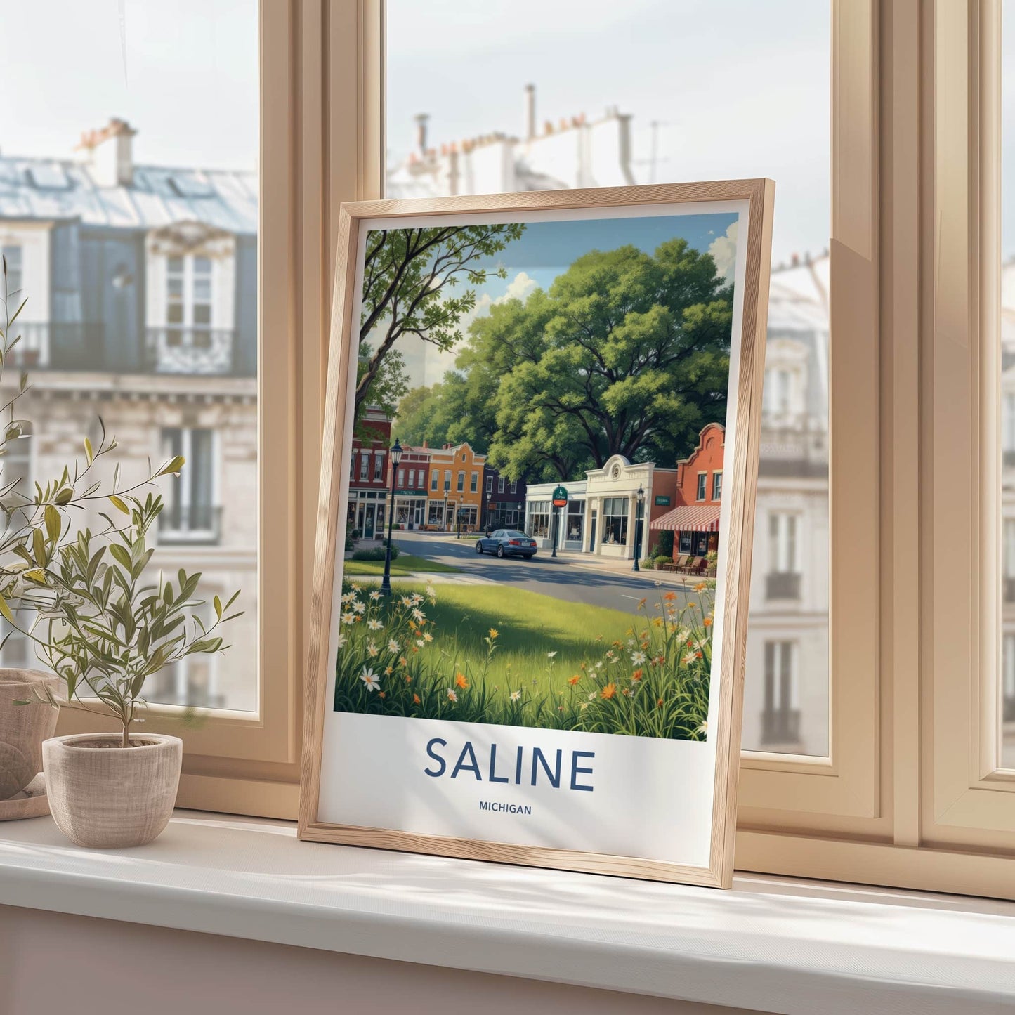 Saline Poster - Michigan Wall Art - Idyllic Downtown Scene Home Decor