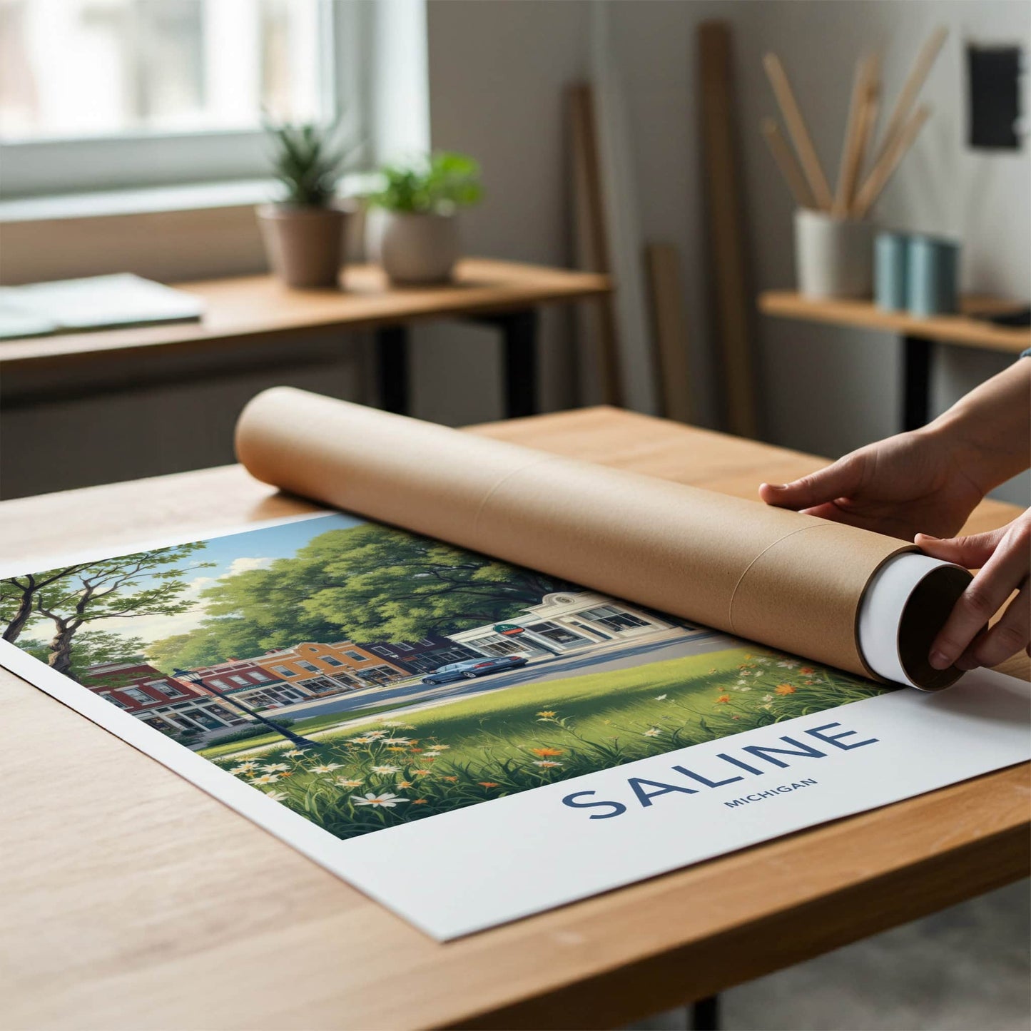 Saline Poster - Michigan Wall Art - Idyllic Downtown Scene Home Decor