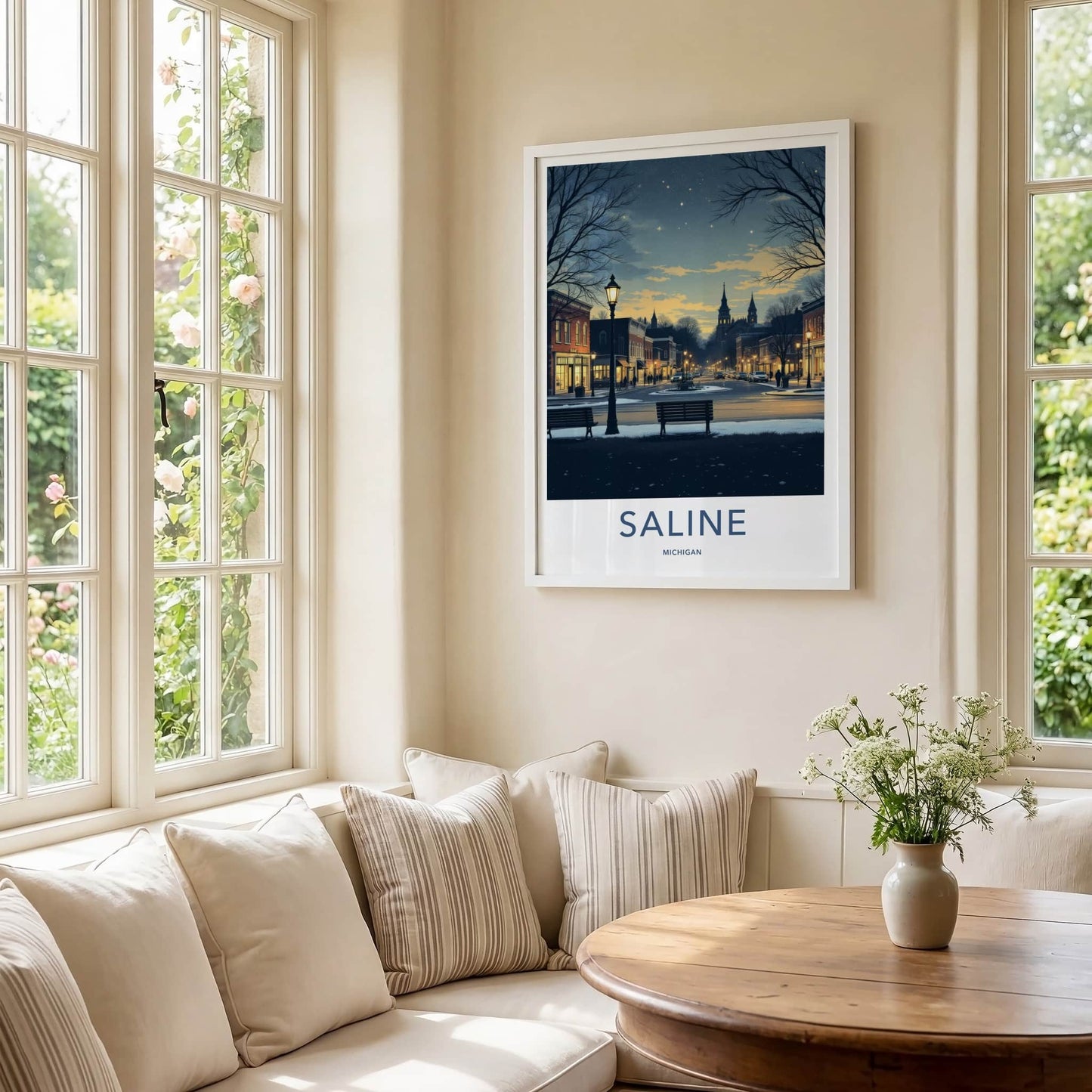 Saline Poster - Michigan Wall Art - Starry Winter Streetscape Home Decor