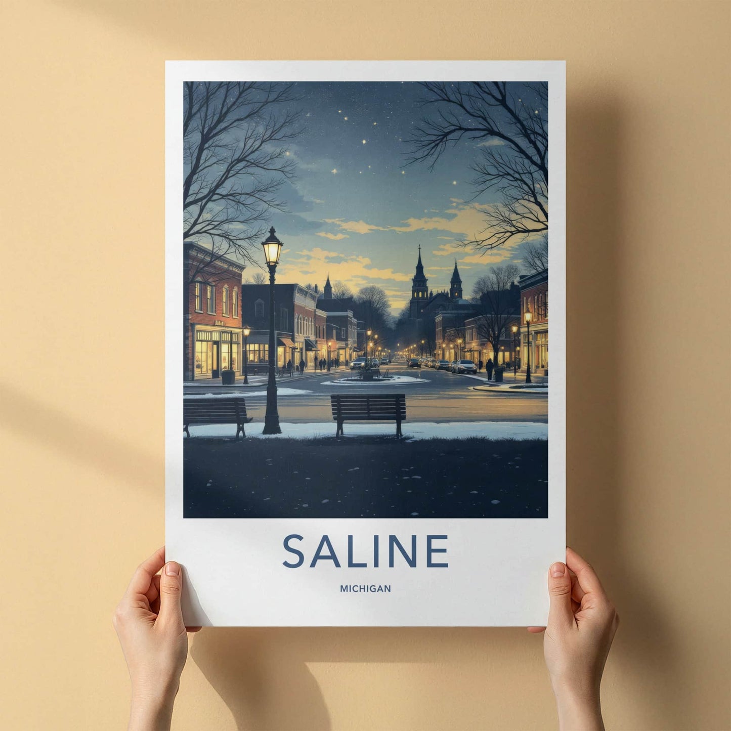Saline Poster - Michigan Wall Art - Starry Winter Streetscape Home Decor